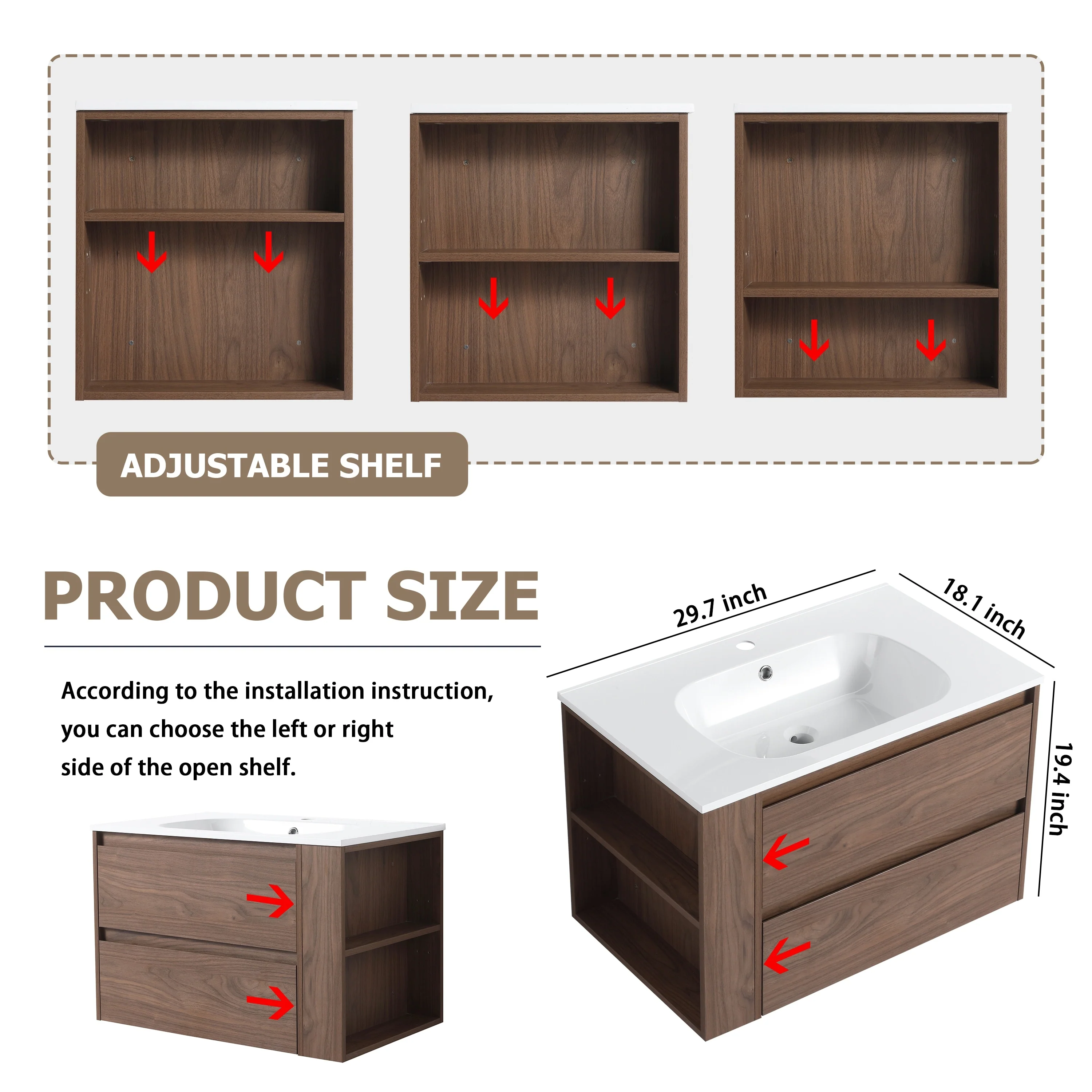 Beingnext 30''/36'' Single Sink Floating Bathroom Vanity with Soft Close Drawer and Adjustable Shelf