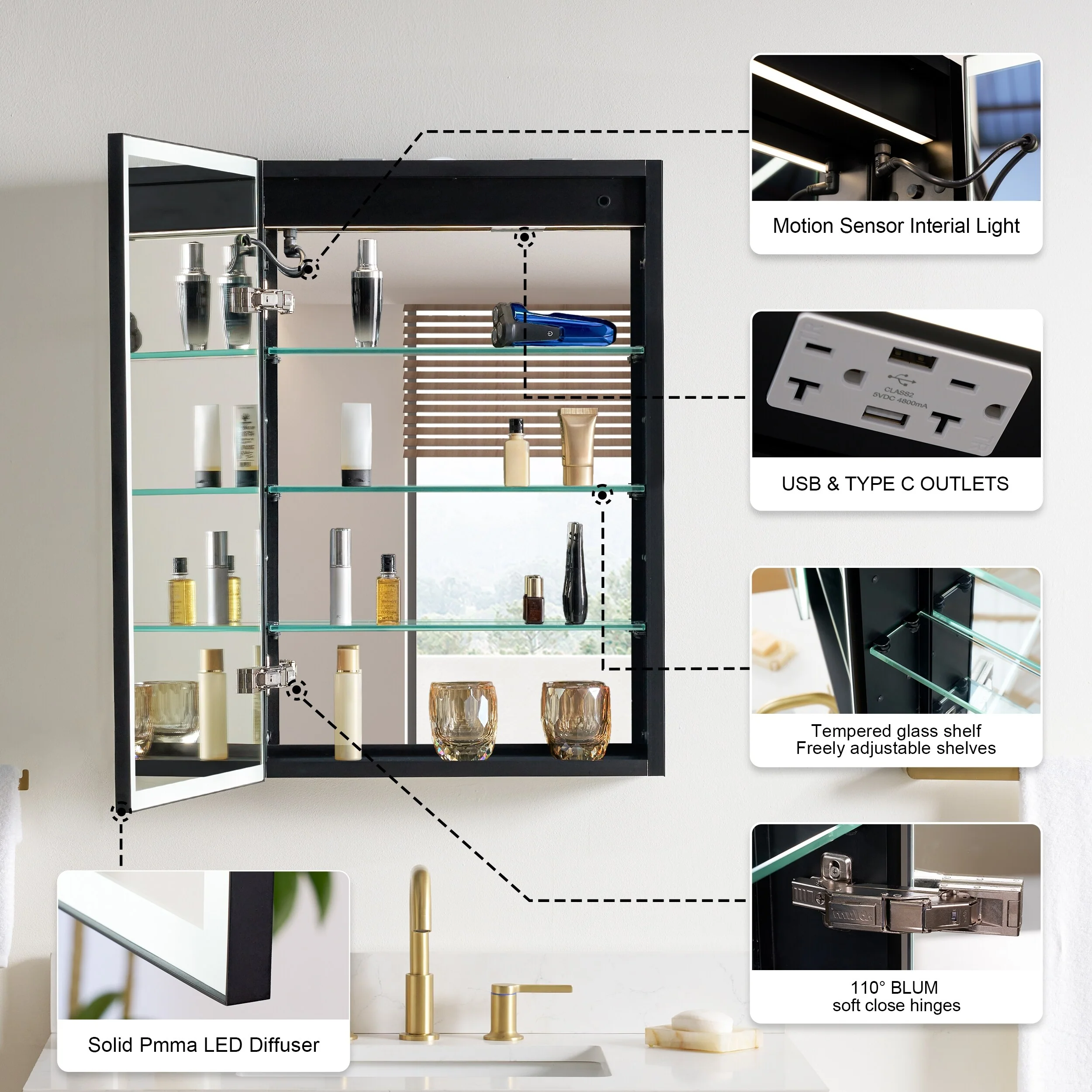 30'' H Recessed Or Surface Wall Mounted LED Mirror Cabinet With Mirror And Adjustable Shelves,Black Frame