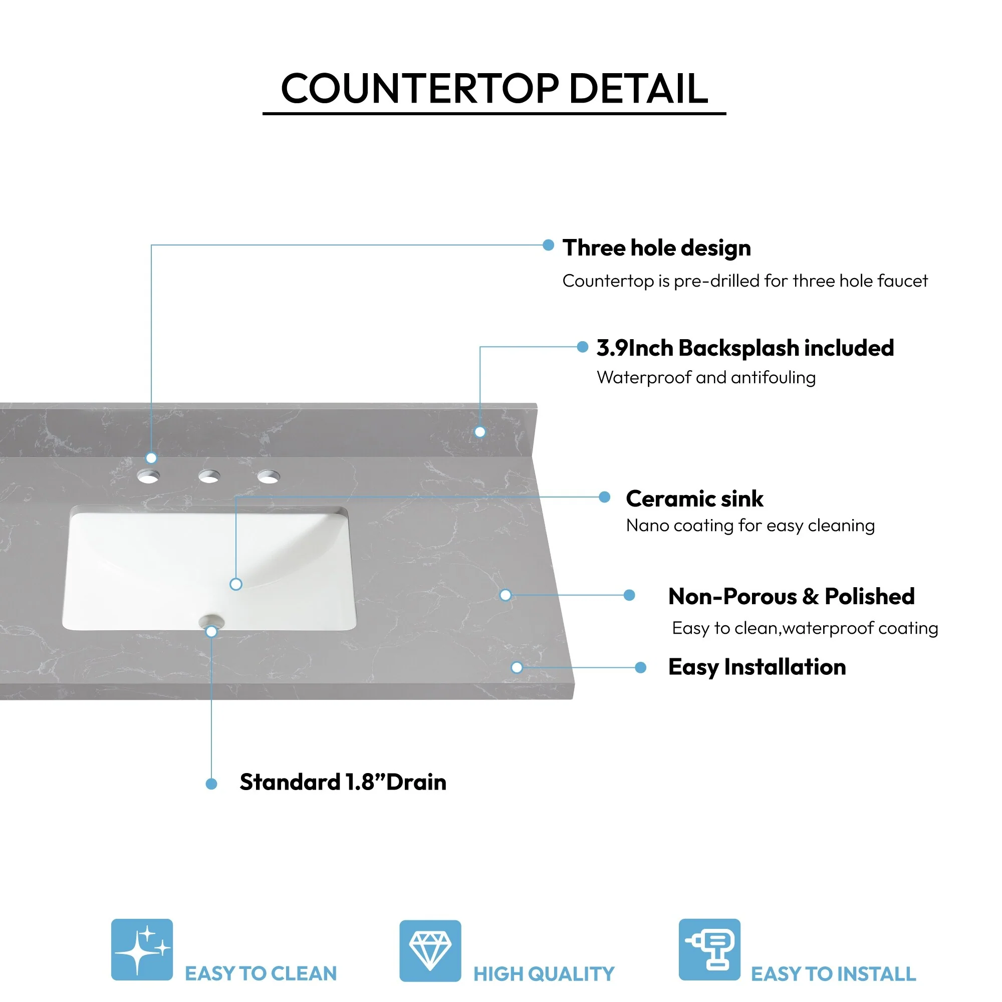 Jaen Composite Stone Vanity Top with White Rectangular Sink