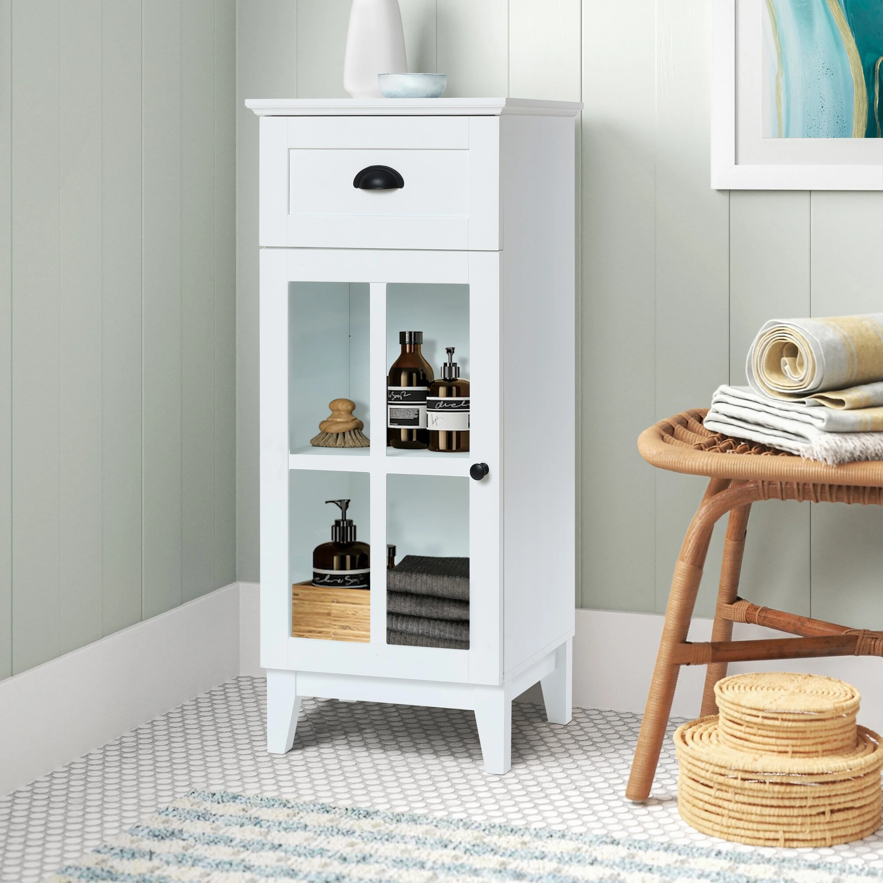 White MDF Wood Slim Bathroom Storage Cabinet and End Table - 37