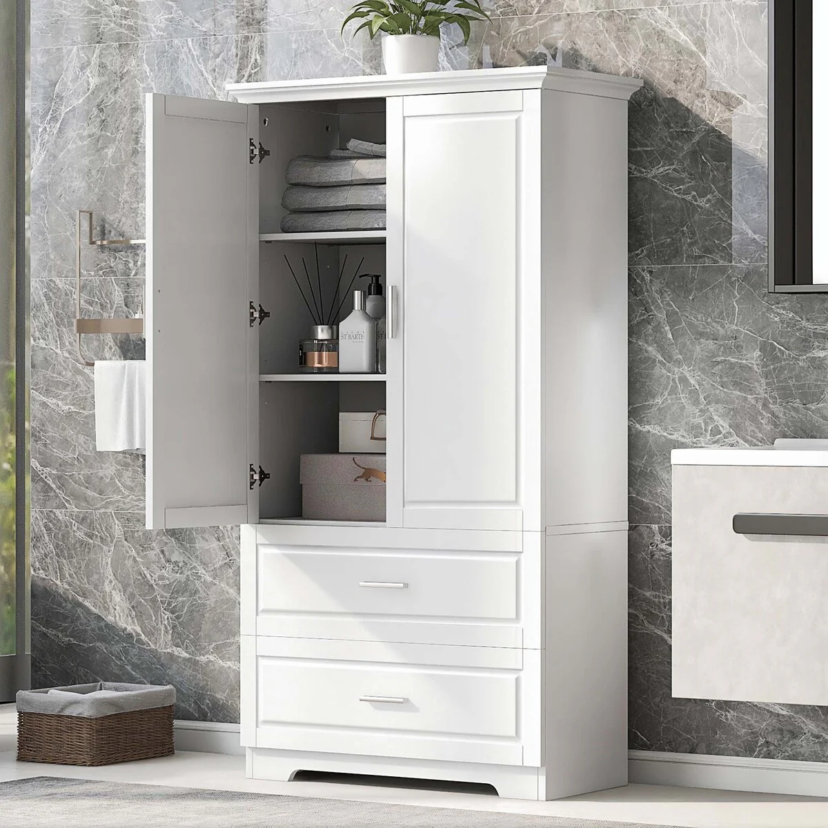 Tall Bathroom Storage Cabinet with Drawers and Adjustable Shelf