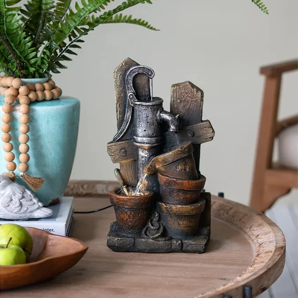 Water Fountain with Antique Water Pump Design and LED Light