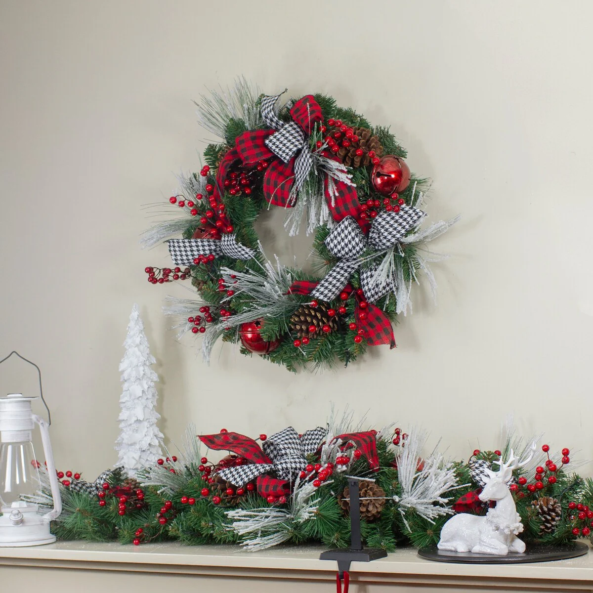 Plaid and Houndstooth and Red Berries Artificial Christmas Wreath - 24-Inch Unlit - 24