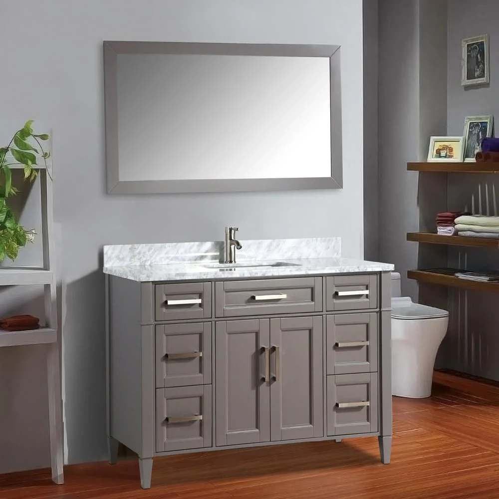 Vanity Art 60-Inch Single Sink Bathroom Vanity Set Carrara Marble Stone Top 7 Drawers 1 Shelf Undermount Sink with Free Mirror