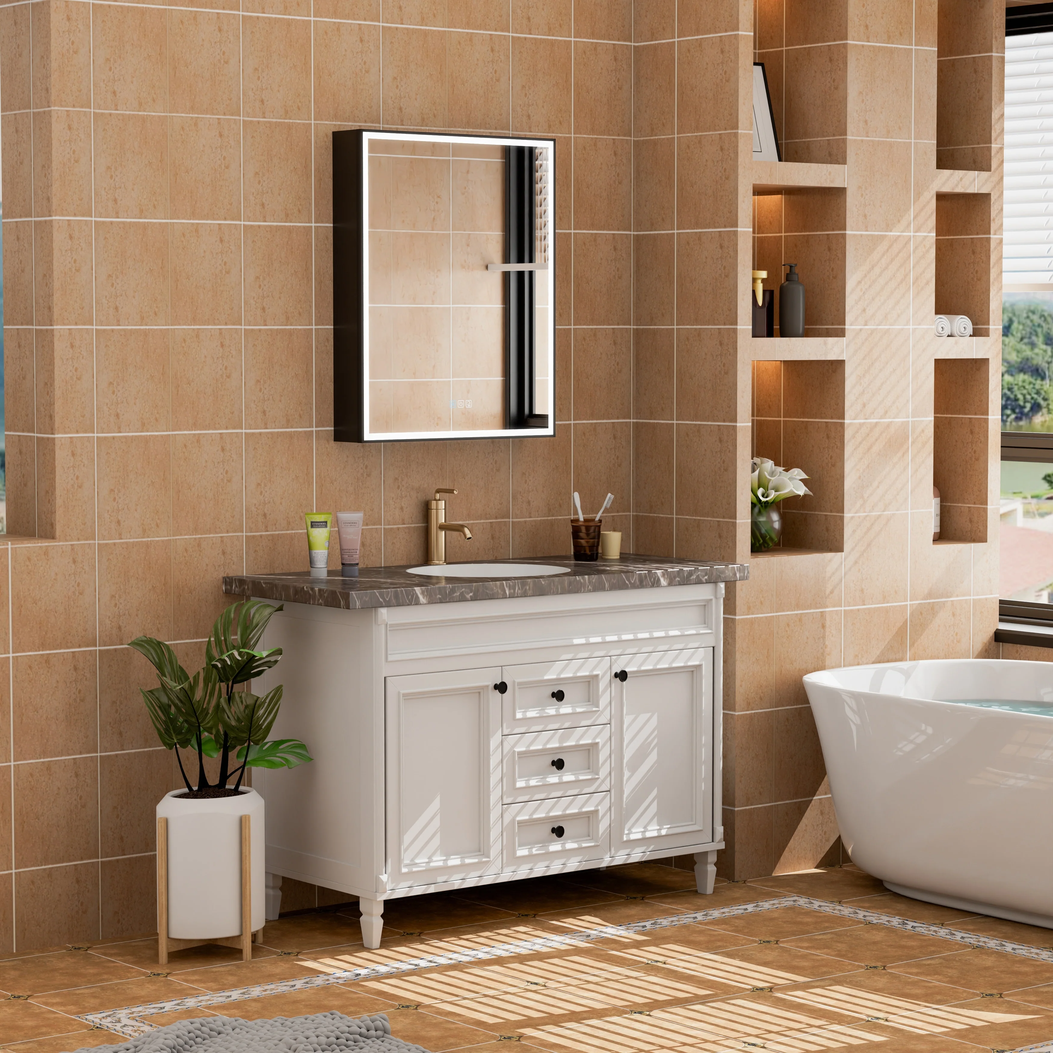 30'' H Recessed Or Surface Wall Mounted LED Mirror Cabinet With Mirror And Adjustable Shelves,Black Frame