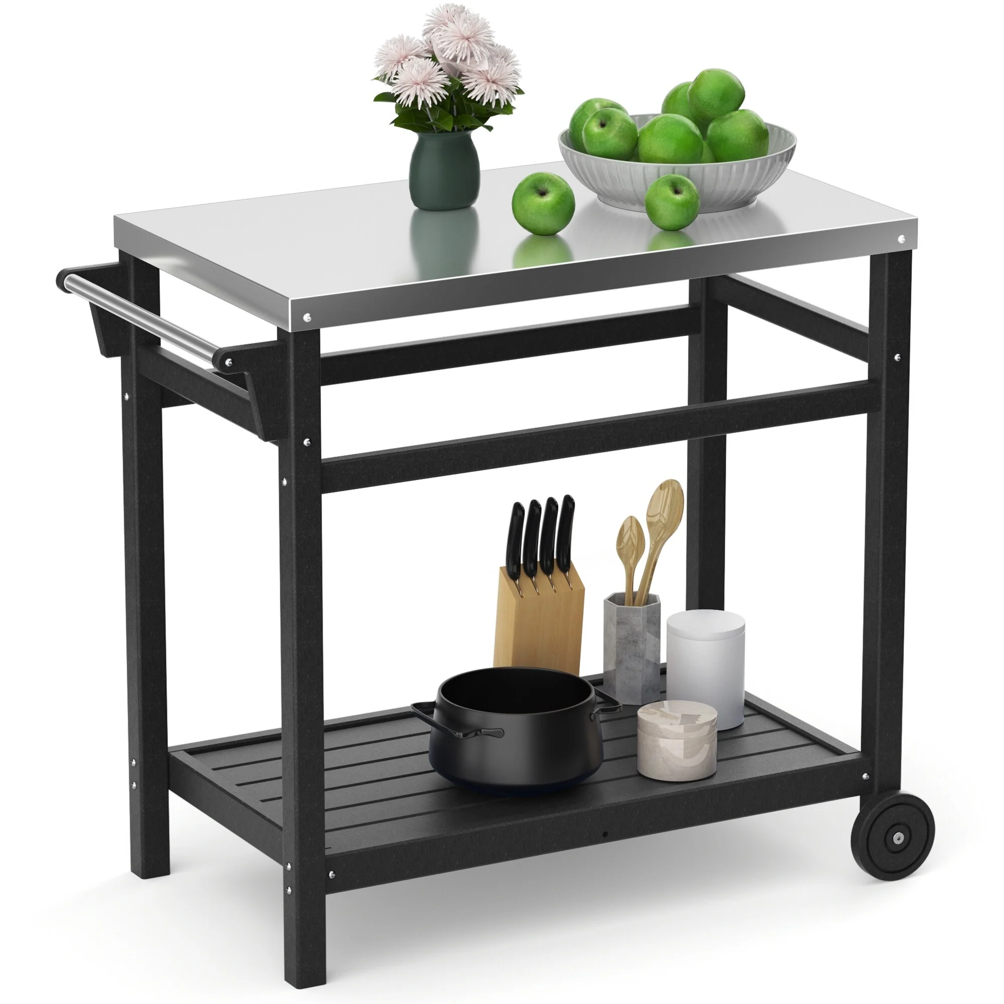 Outdoor Black Steel Movable Dining Cart Table for Patio Grilling