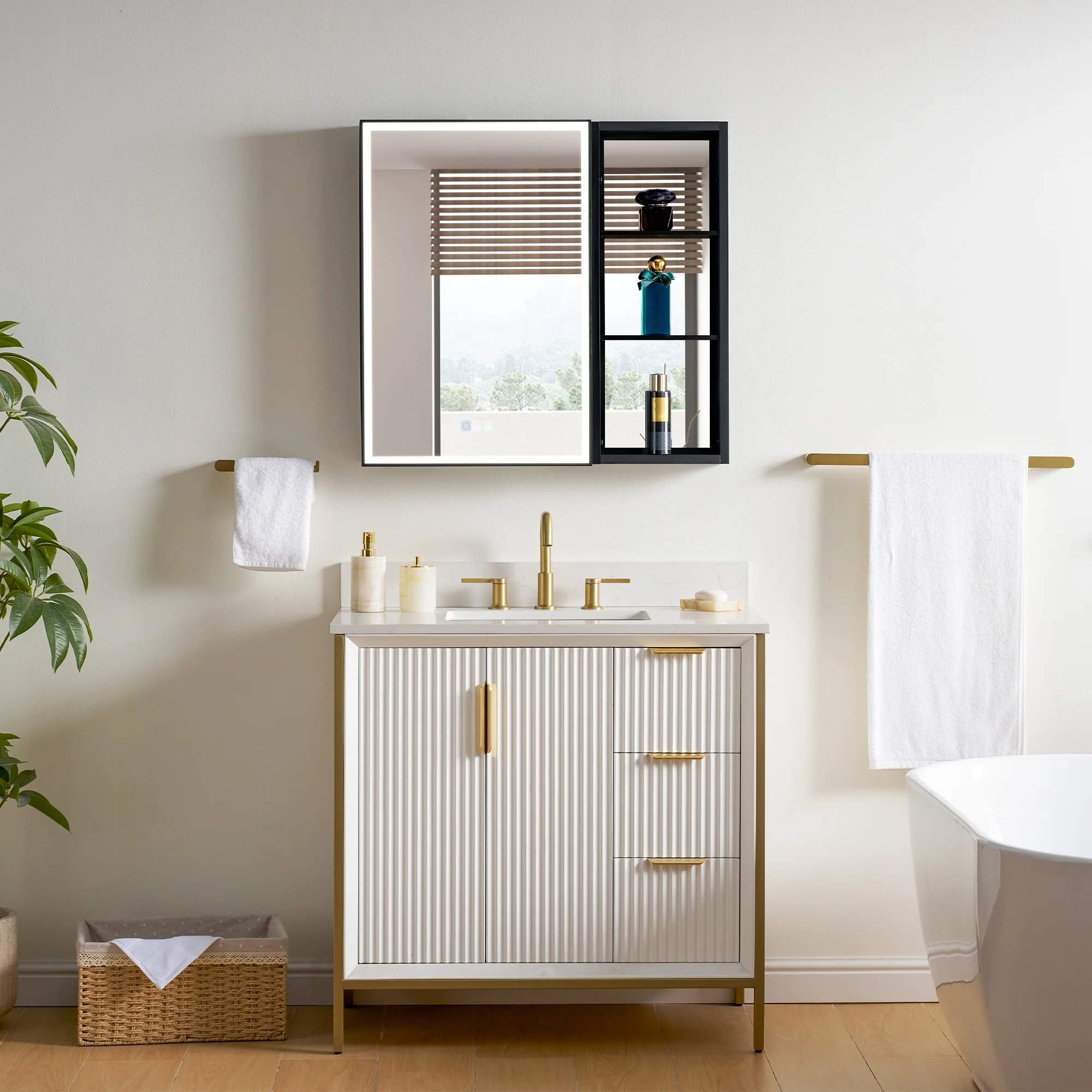 30 in. H Recessed or Surface Wall Mounted LED Mirror Cabinet With Black Side Cabinet