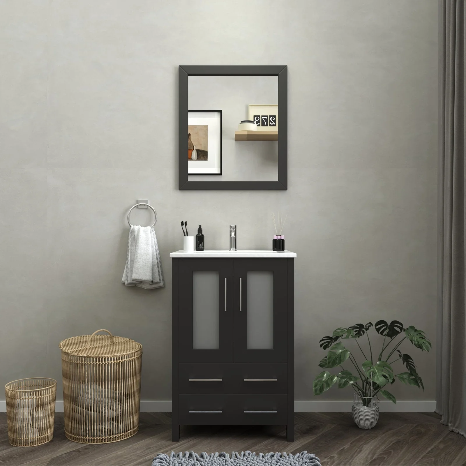 Vanity Art 24-Inch Single Sink Bathroom Vanity Set 2 Drawers, 1 Cabinet, 1 Shelf, Soft-Closing Doors with Free Mirror