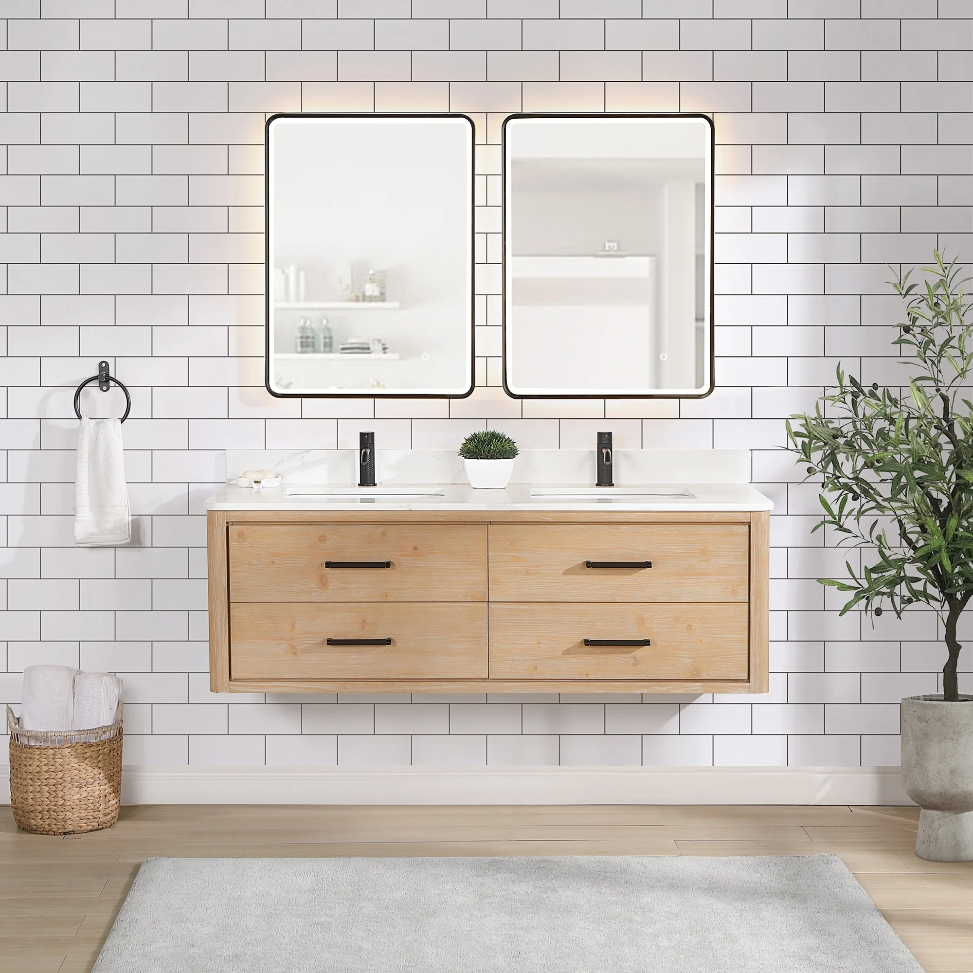 Cristo Floating Bath Vanity with White Quartz Stone Top and Mirror