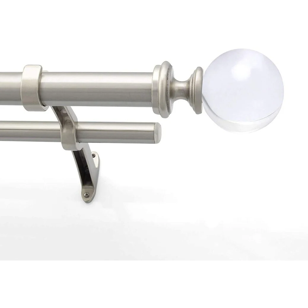 1 Inch Adjustable Silver Double Curtain Rod for Windows & Doors Curtains with Acrylic Ball Finials &Brackets Set -By Deco Window