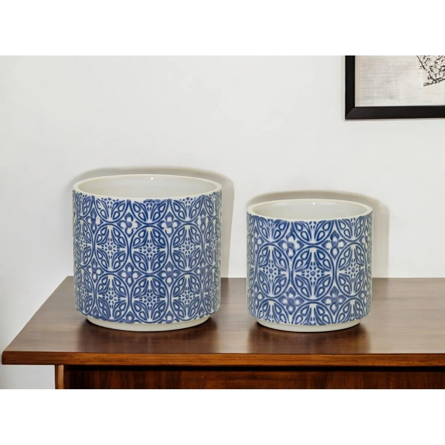 HomeRoots Set of Two Blue And White Ceramic Medallion 3 Ounce Round Pot Planters - 5' X '4.75' X '5