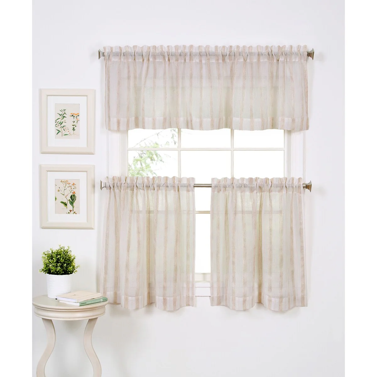 Elrene Linen Stripe Rod Pocket Sheer Kitchen Curtain Tier Set of Two