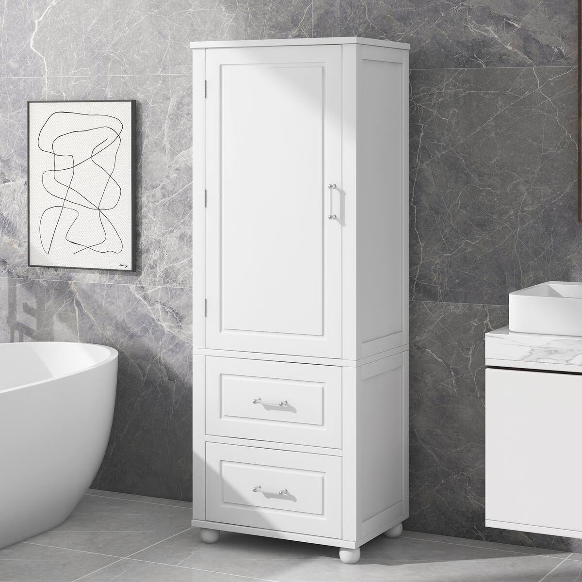 Freestanding Tall Bathroom Storage Cabinet with Door, 2 Drawers and Adjustable Shelf