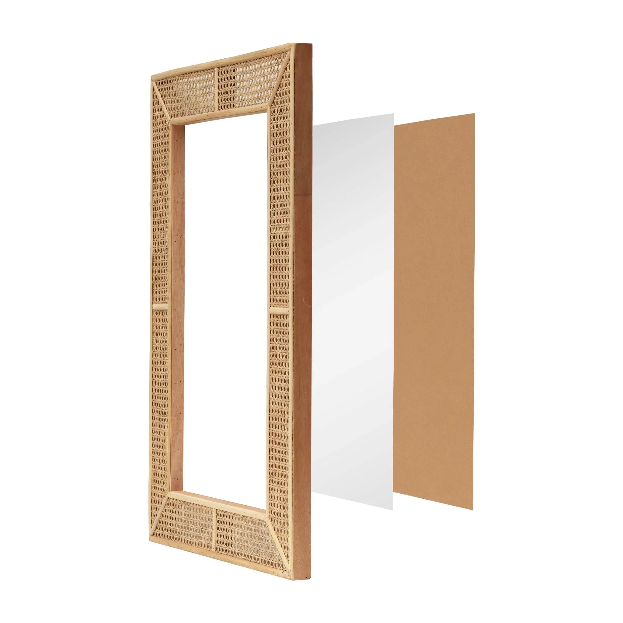 Rectangle Rattan Wall Mirror, Modern Boho Decorative Wall Mirror - Brown