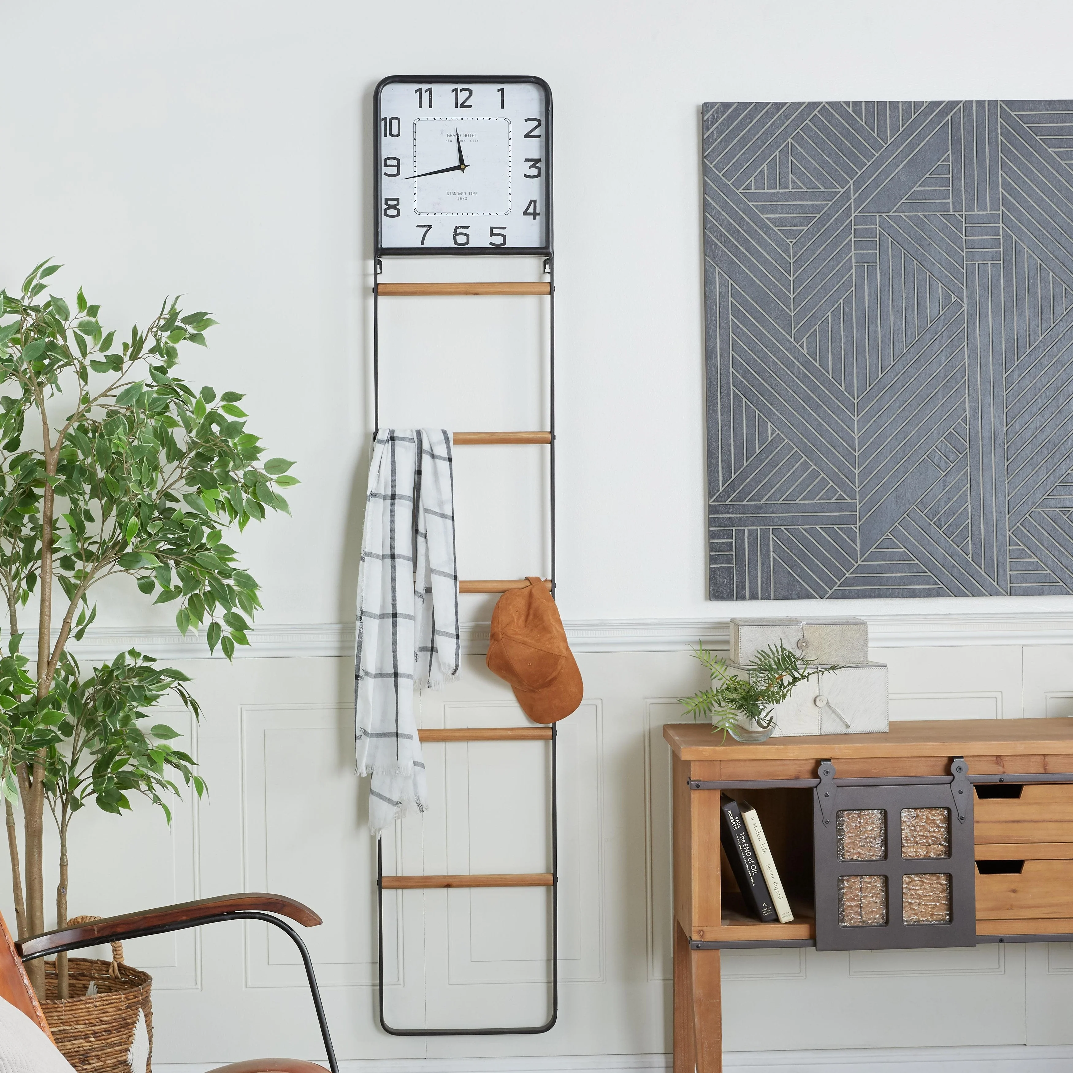 Metal 5 Rack Decorative Ladder with Clock - Black - Roche River Decor