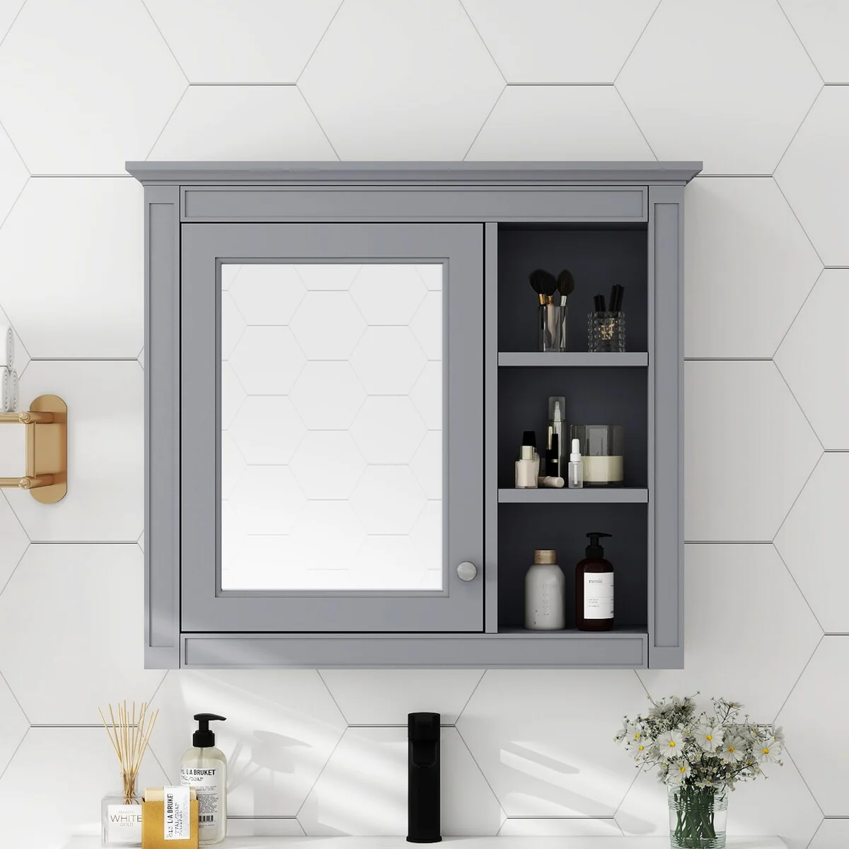 30'' x 28'' Wall Mounted Bathroom Storage Cabinet, Modern Bathroom Wall Cabinet with Mirror,Mirror Cabinet with 3 Open Shelves