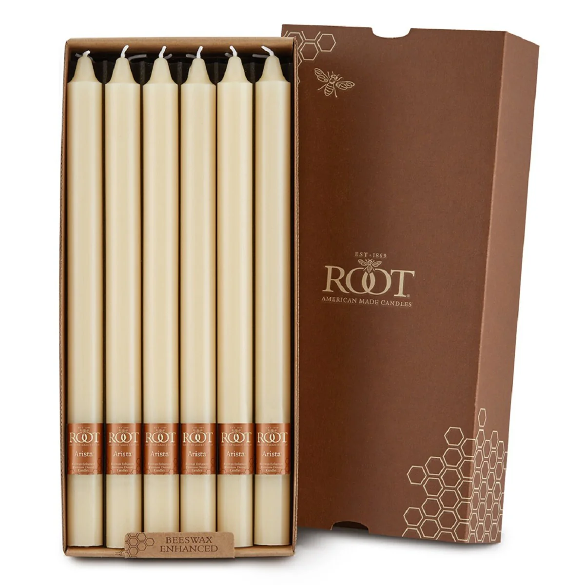Root 12 inch Unscented Smooth Arista Taper Candles box of 12