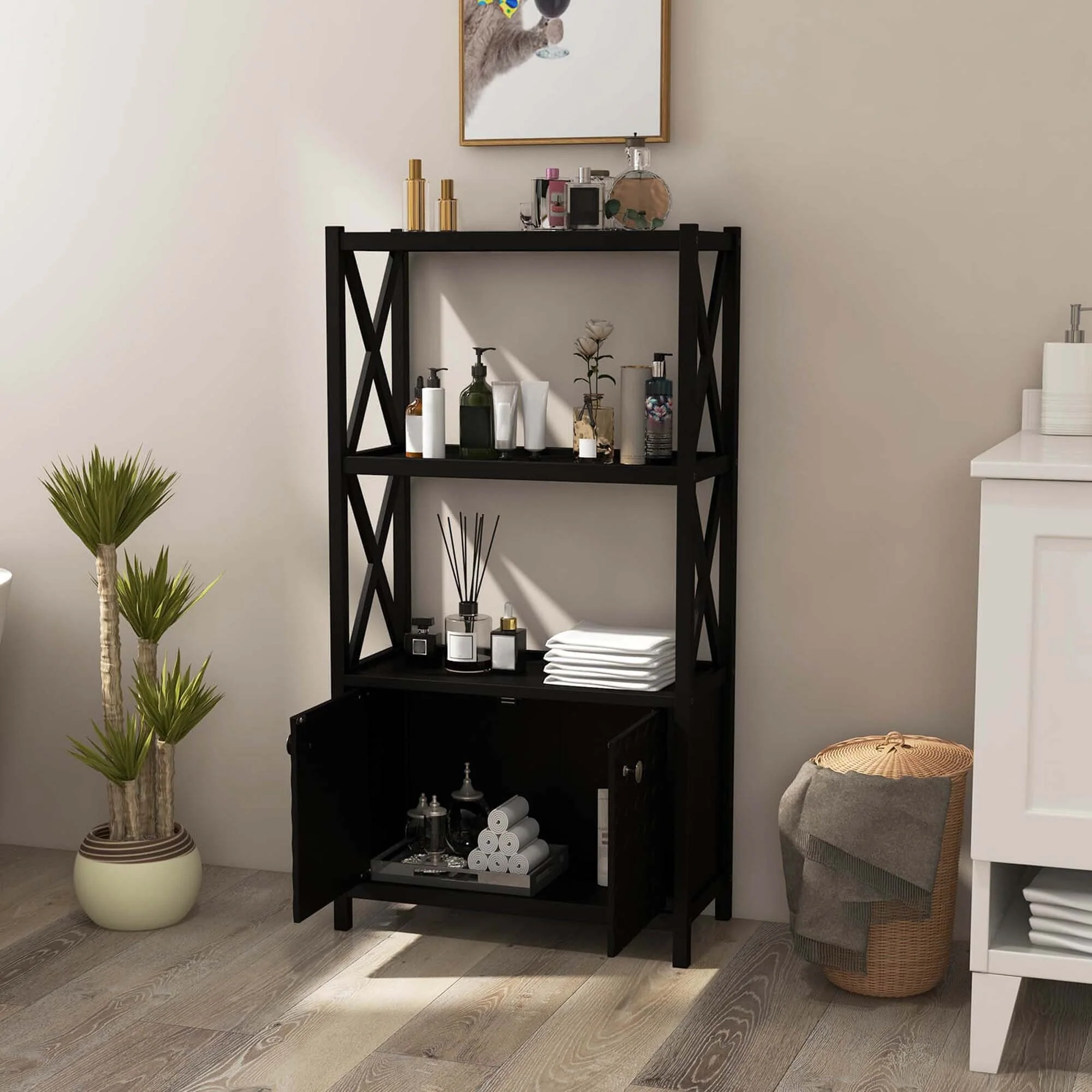 Costway Bathroom Storage Cabinet with Open Shelves & Double Doors - See Details