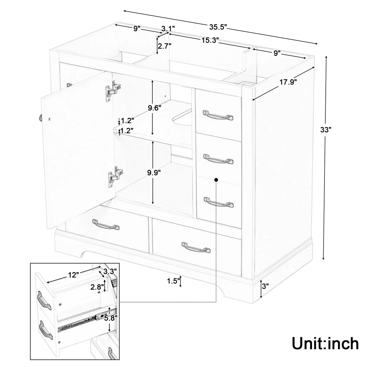 Bathroom Vanity Cabinet with Multi-Functional Drawer and Adjustable Shelf