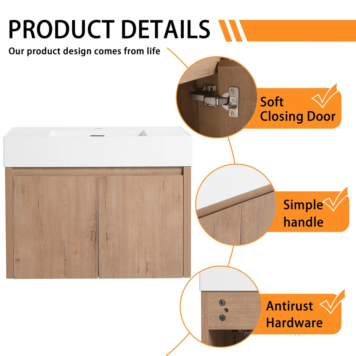 Bathroom Vanity With Sink In 24/30/36 Inch, Floating Bathroom Vanity with Soft Close Door