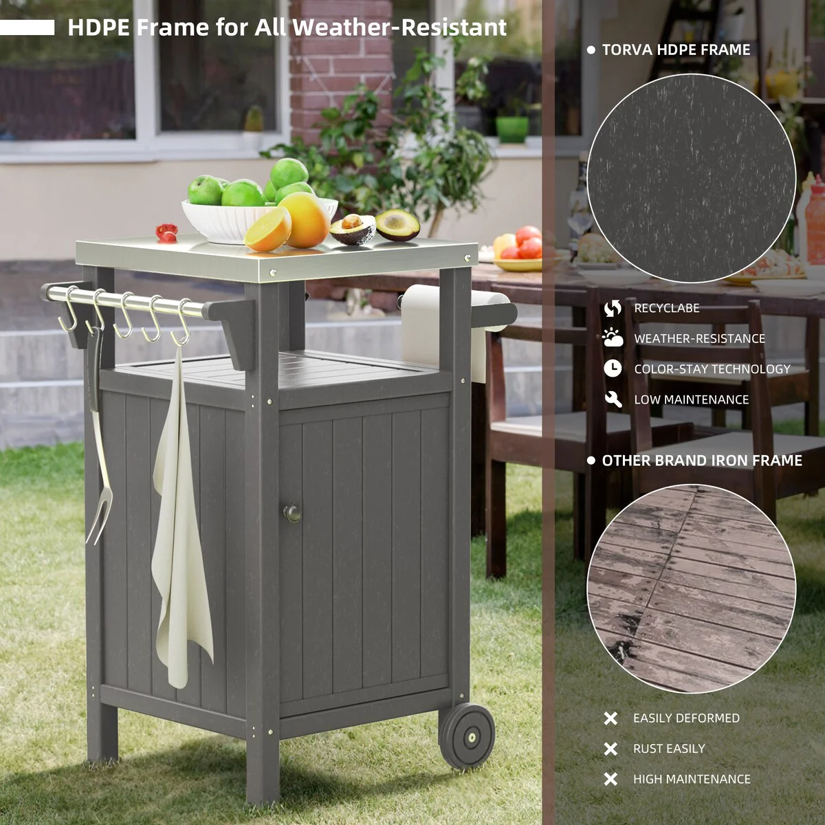 Outdoor Grilling Cart with Stainless Steel Countertop and Storage