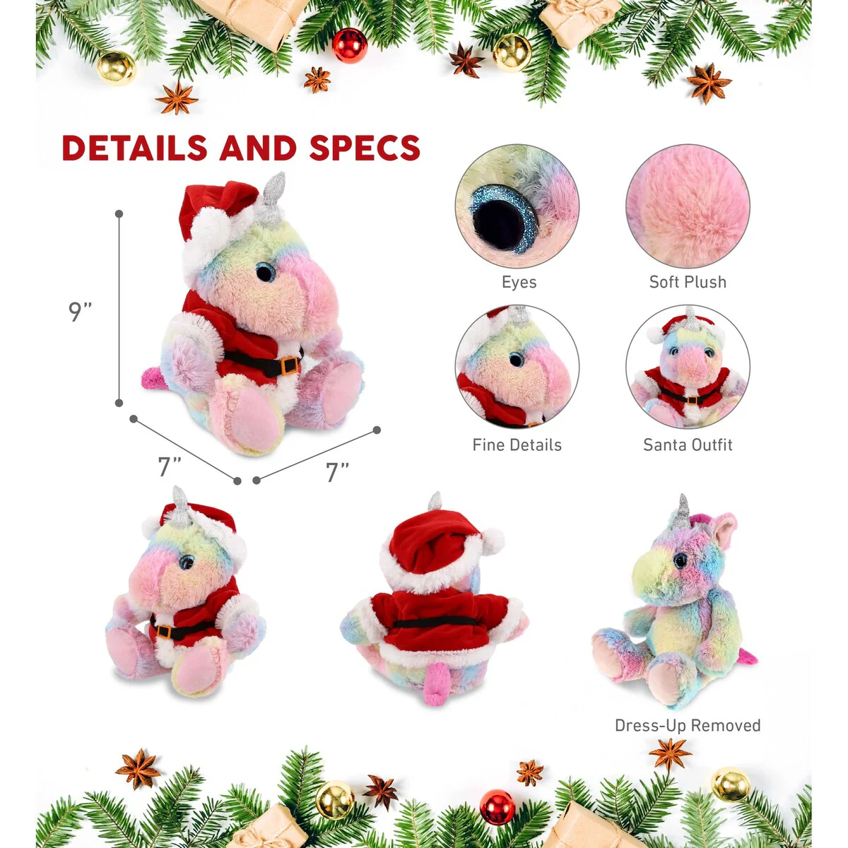 DolliBu Santa Sitting Rainbow Unicorn Stuffed Animal Plush with Outfit - 10 inches