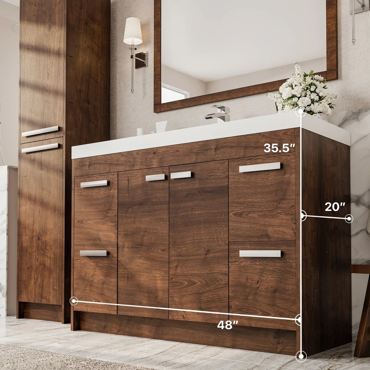 Eviva Lugano 48 inch Rosewood Modern Bathroom Vanity with White Integrated Acrylic Top