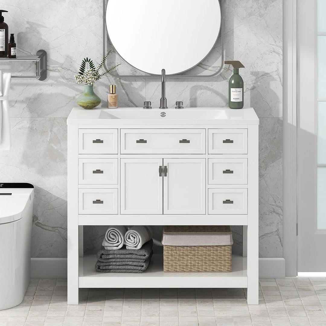 36'' Modern Bathroom Bathroom Vanity with Sink and 6 Drawers，2 Soft Closing Doors