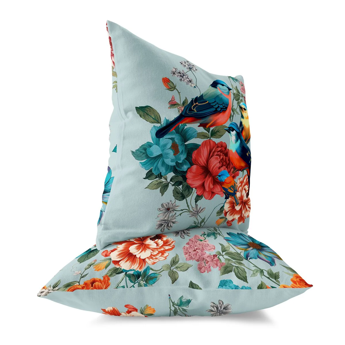 Mint And Red Petal Perched Birds Indoor/Outdoor Throw Pillow Zipper