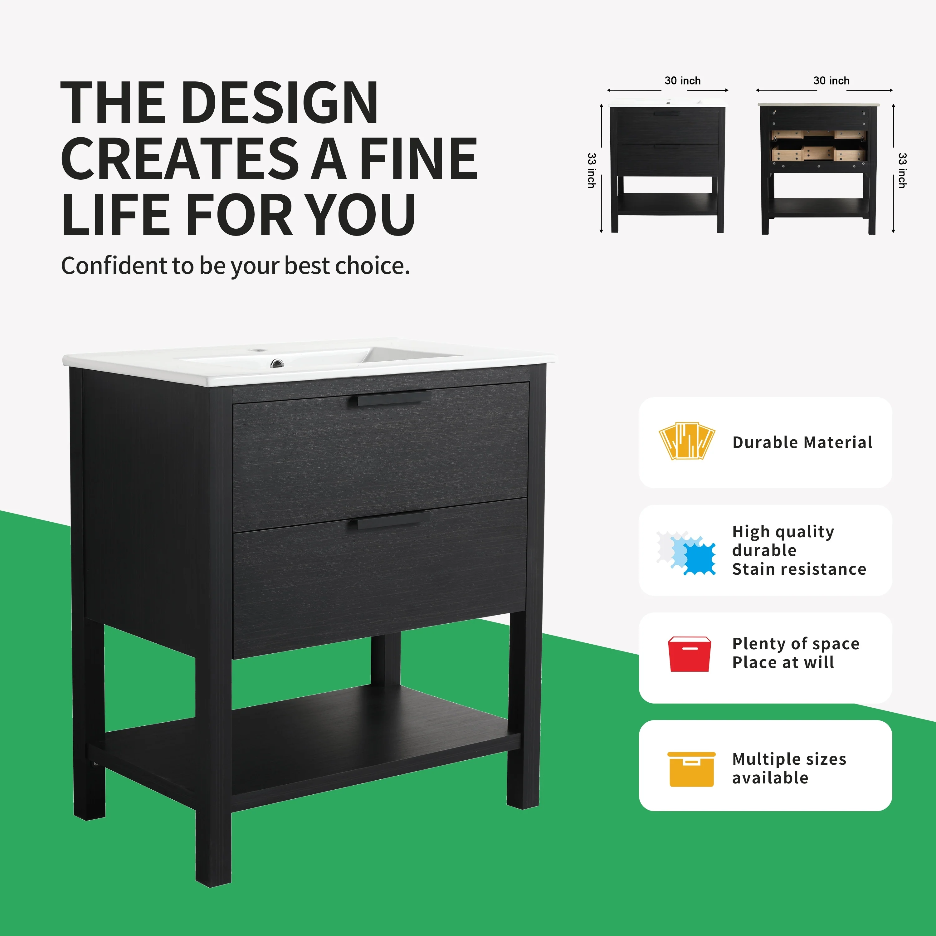 BNK 30/36 Inch Bathroom Vanity With Single Sink,Modern Bathroom Vanities With Soft Close Drawer And Shelf