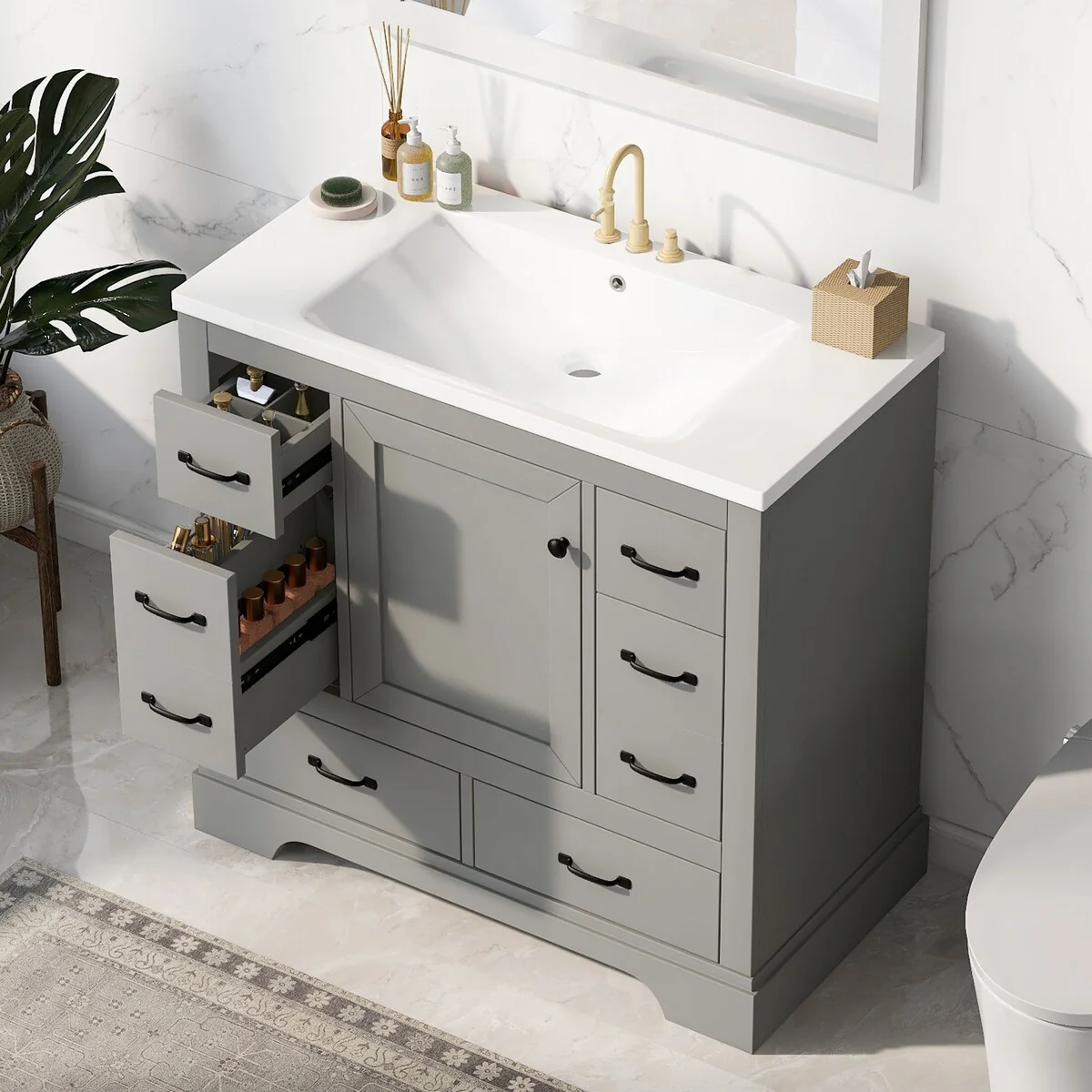 Bathroom Vanity Cabinet with Multi-Functional Drawer and Adjustable Shelf