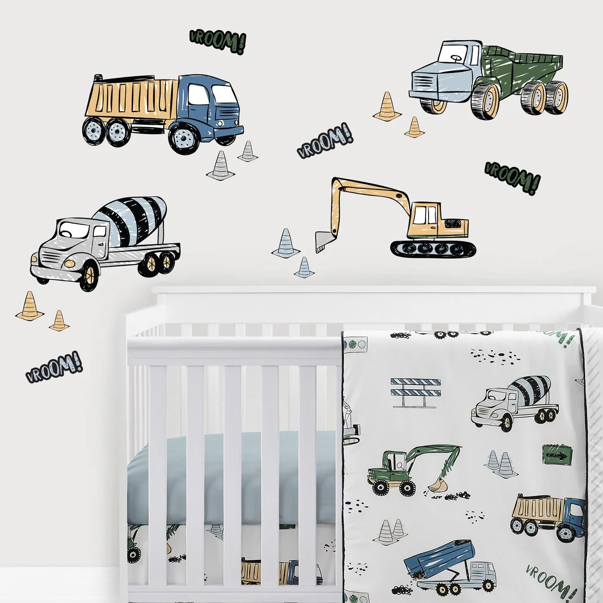 Construction Truck Collection Peel Stick Wall Decal Stickers Art Nursery Decor (Set of 4) -Grey Yellow Blue Green Transportation