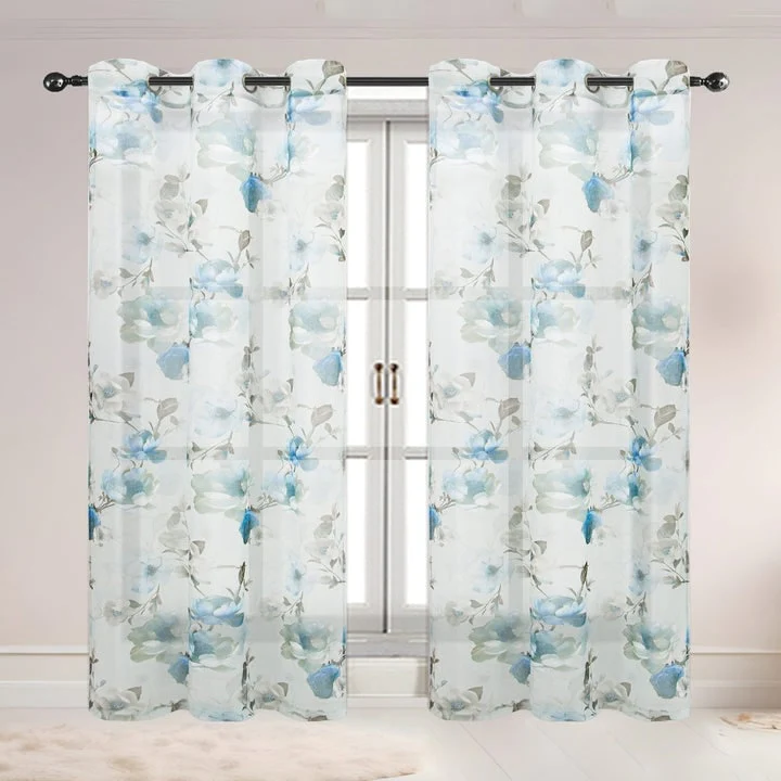 Alaina 2 Pack Floral Sheer Voile Grommet Window Curtain Panel, 37x84 Inches