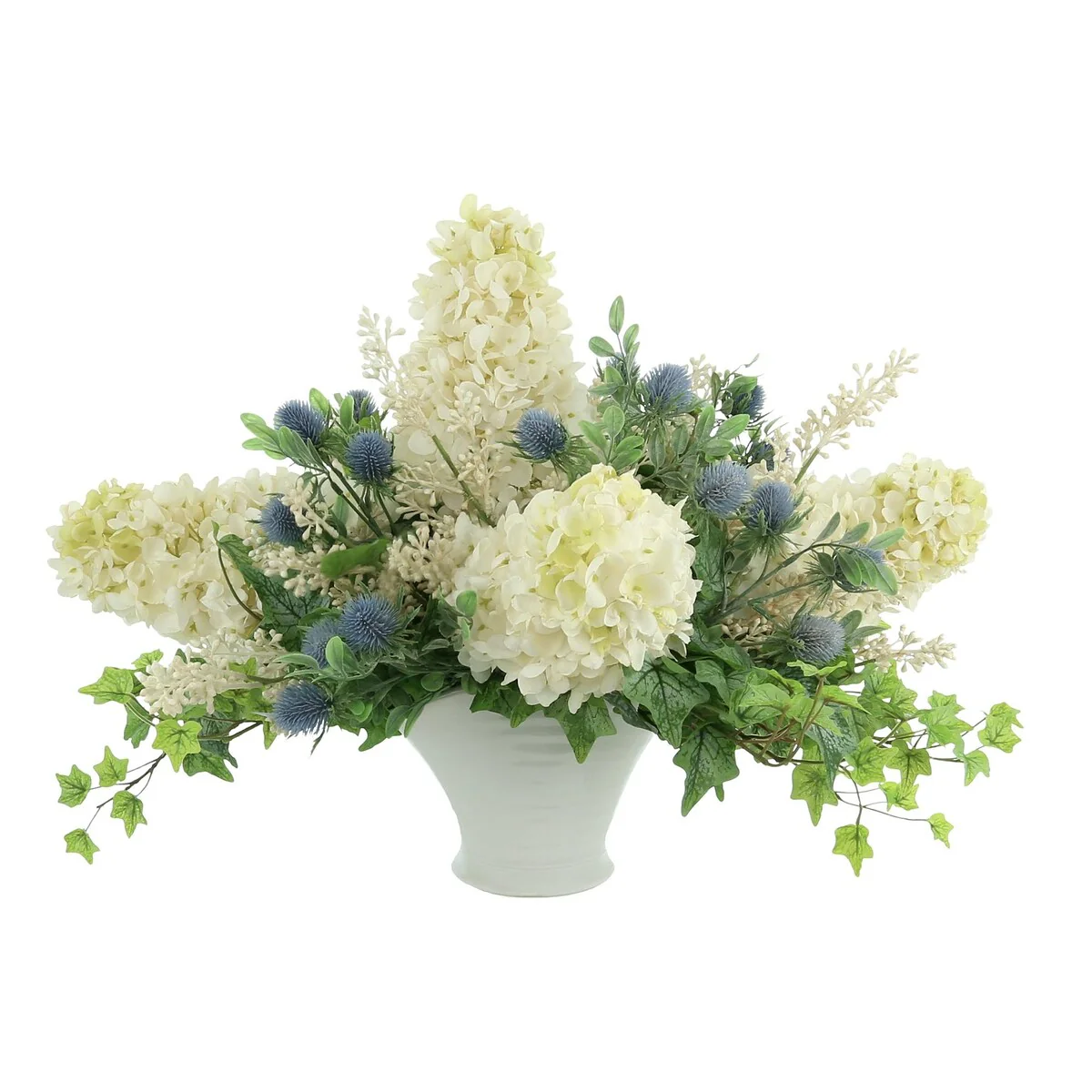 Cone Hydrangea, Thistle and Ivy Floral Arrangement in Ceramic Vase