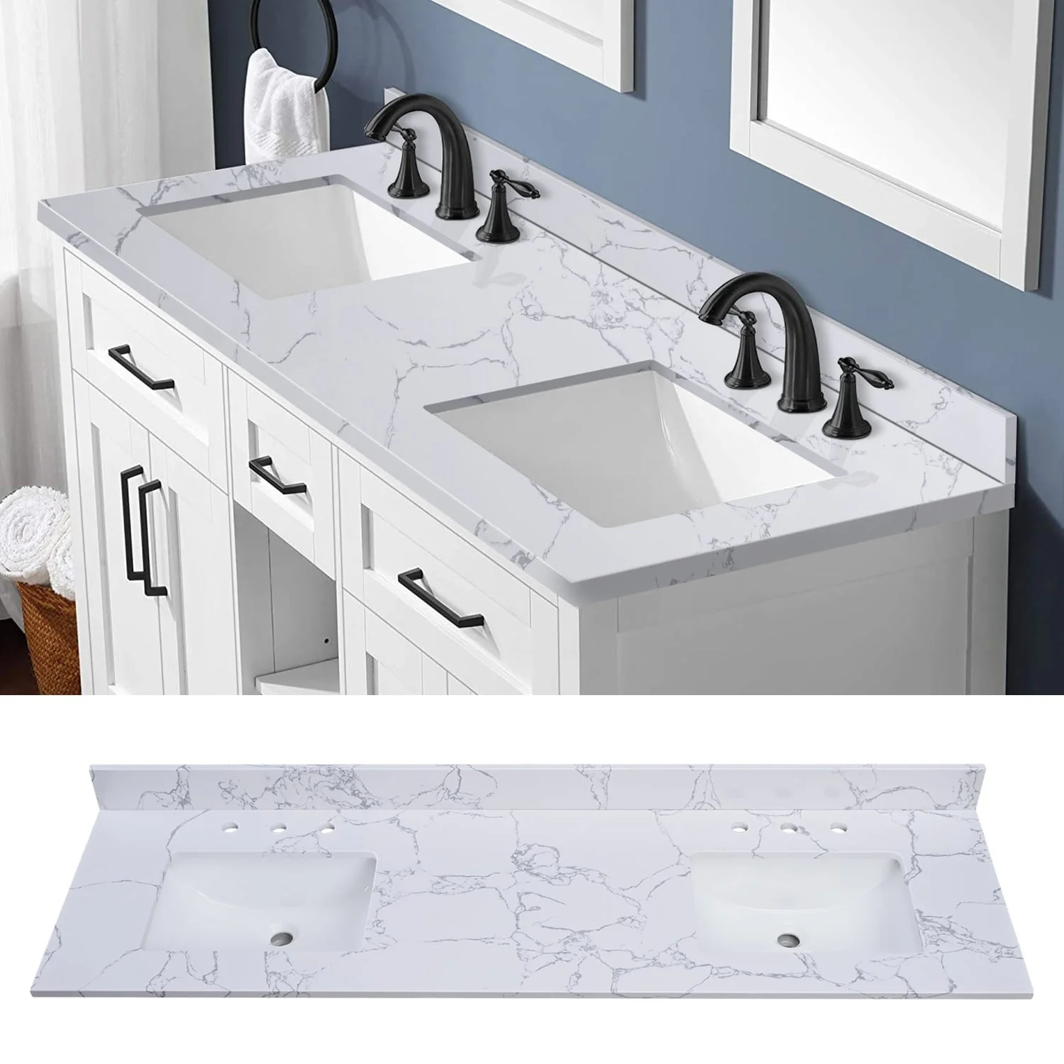 Enchantlace 73 Inch Engineered Marble Vanity Top with Double Sink