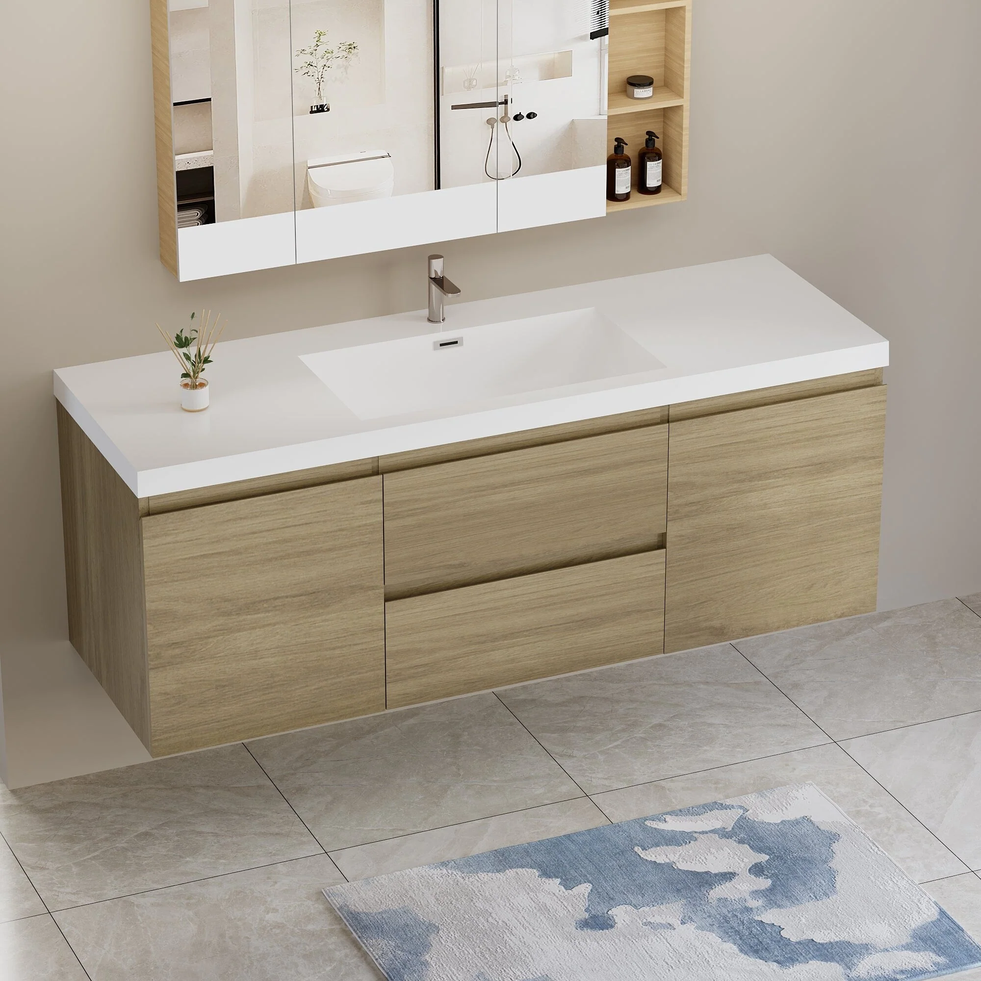 MDF Floating Bathroom Vanity with Integrated Resin Sink