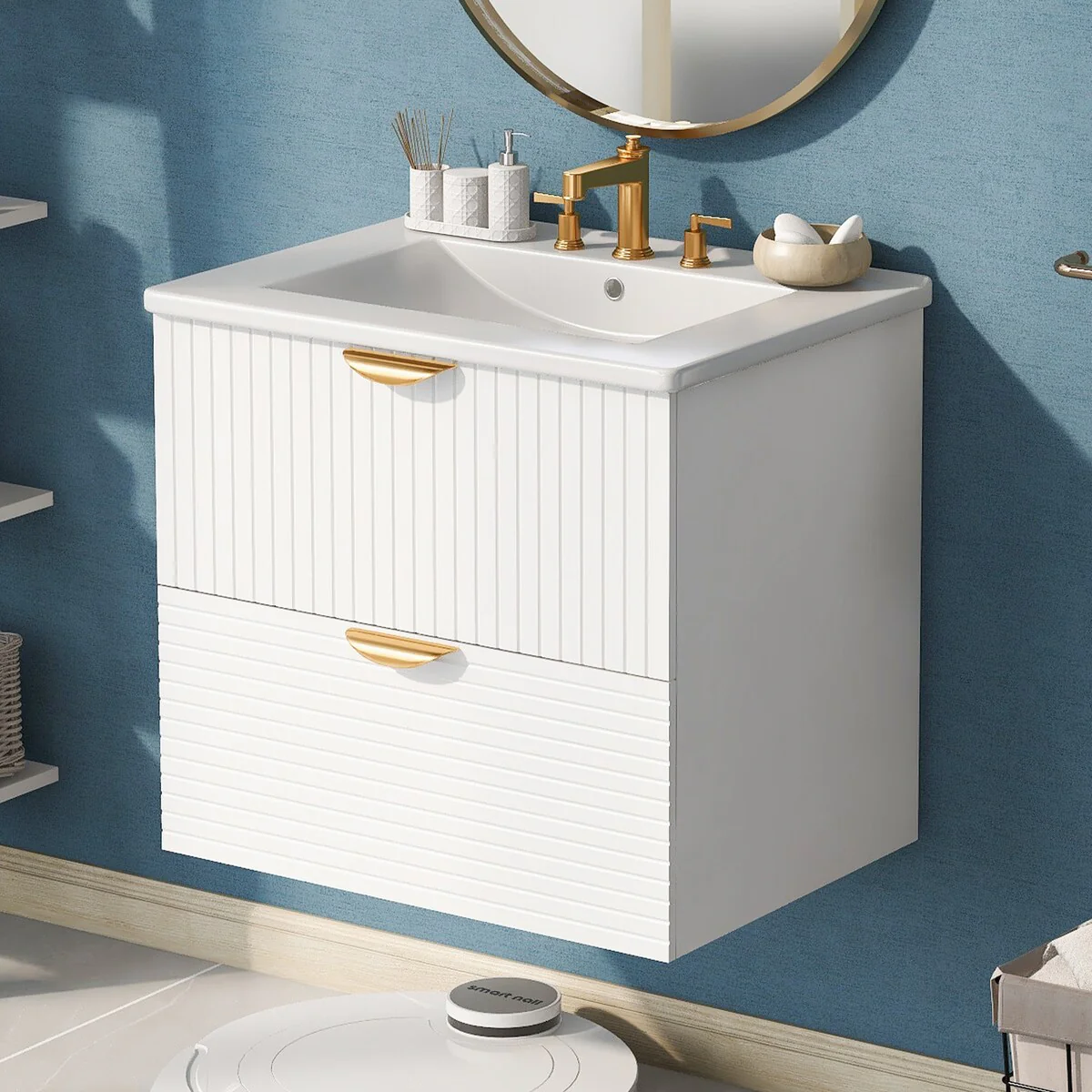Modern 24 Inches MDF Wall-Mounted Bathroom vanity with Ceramic Sink and 2 Drawers