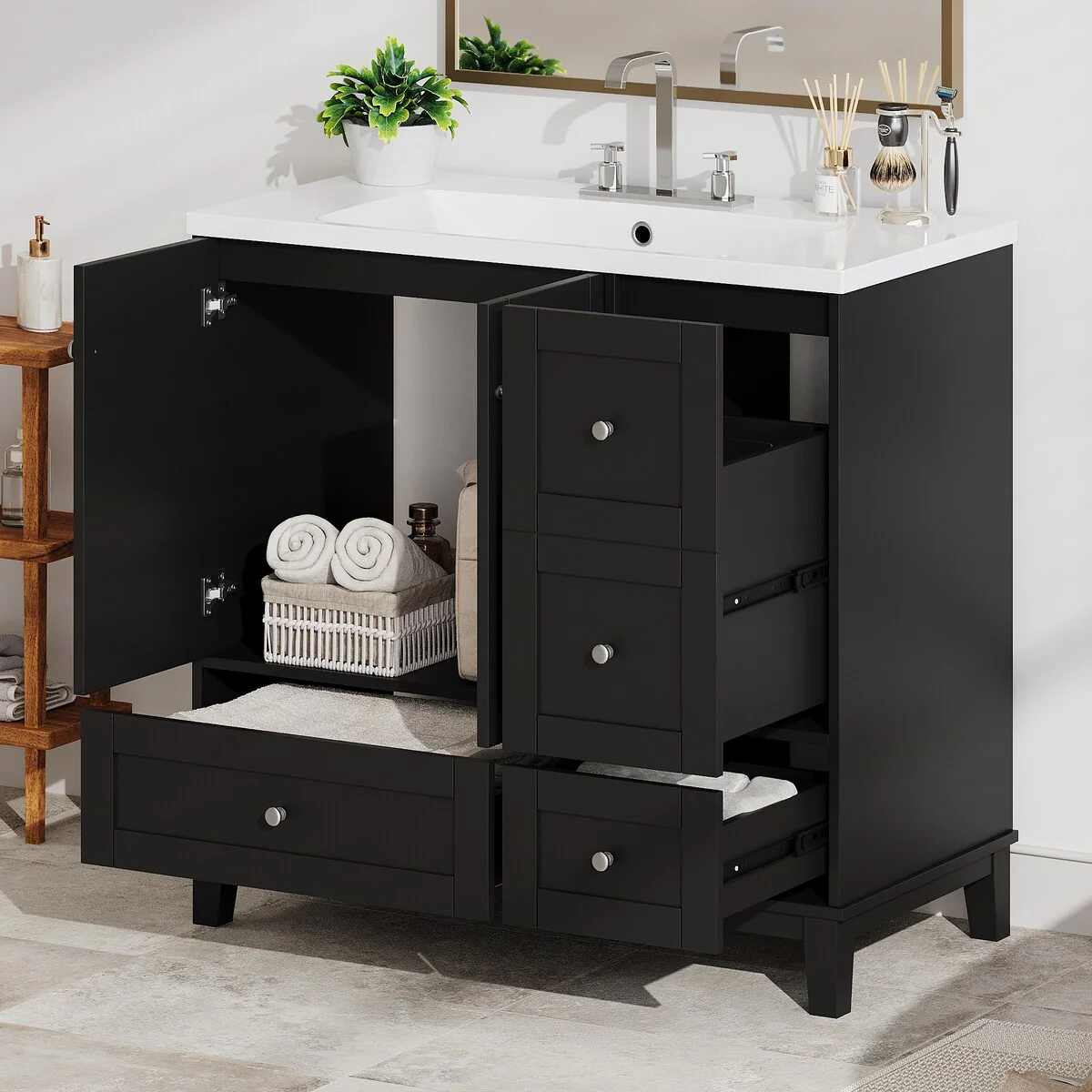 36 Inch Bathroom Vanity with USB Charging, Two Doors and Three Drawers, Small Bathroom Vanity cabinet with single sink
