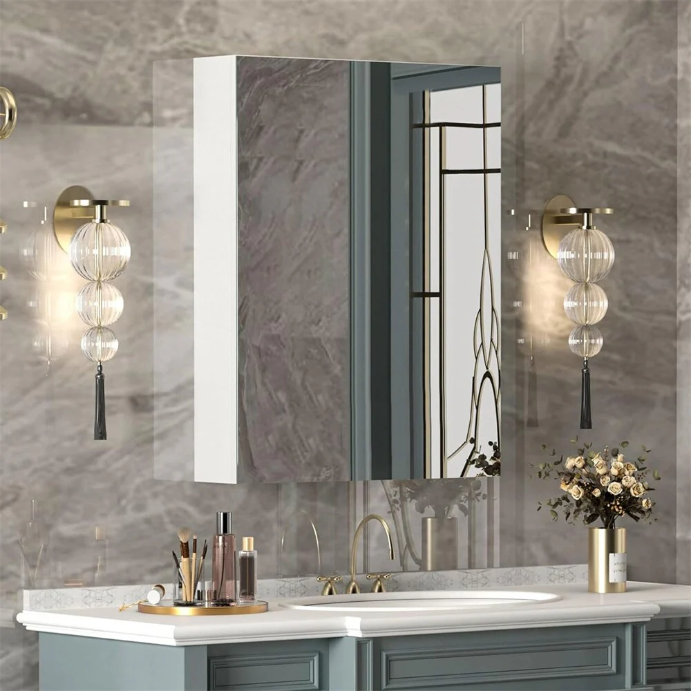 Double Side Frameless Mirrored Medicine Cabinet with 2 Adjustable Tempered Glass Shelves