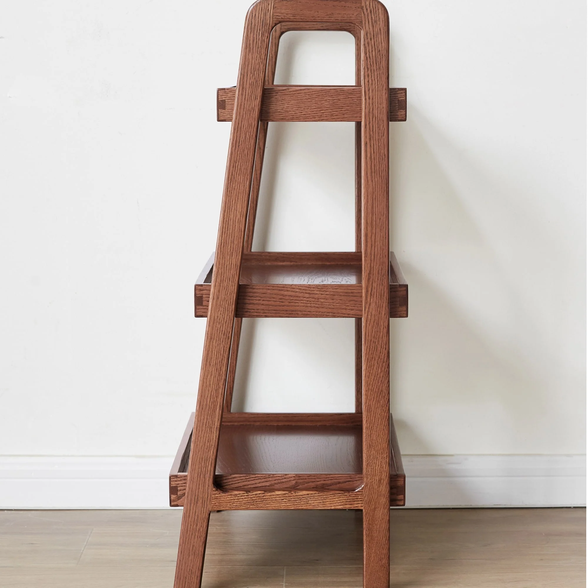 Walnut Finished Oak Wood Storage Ladder Shelf