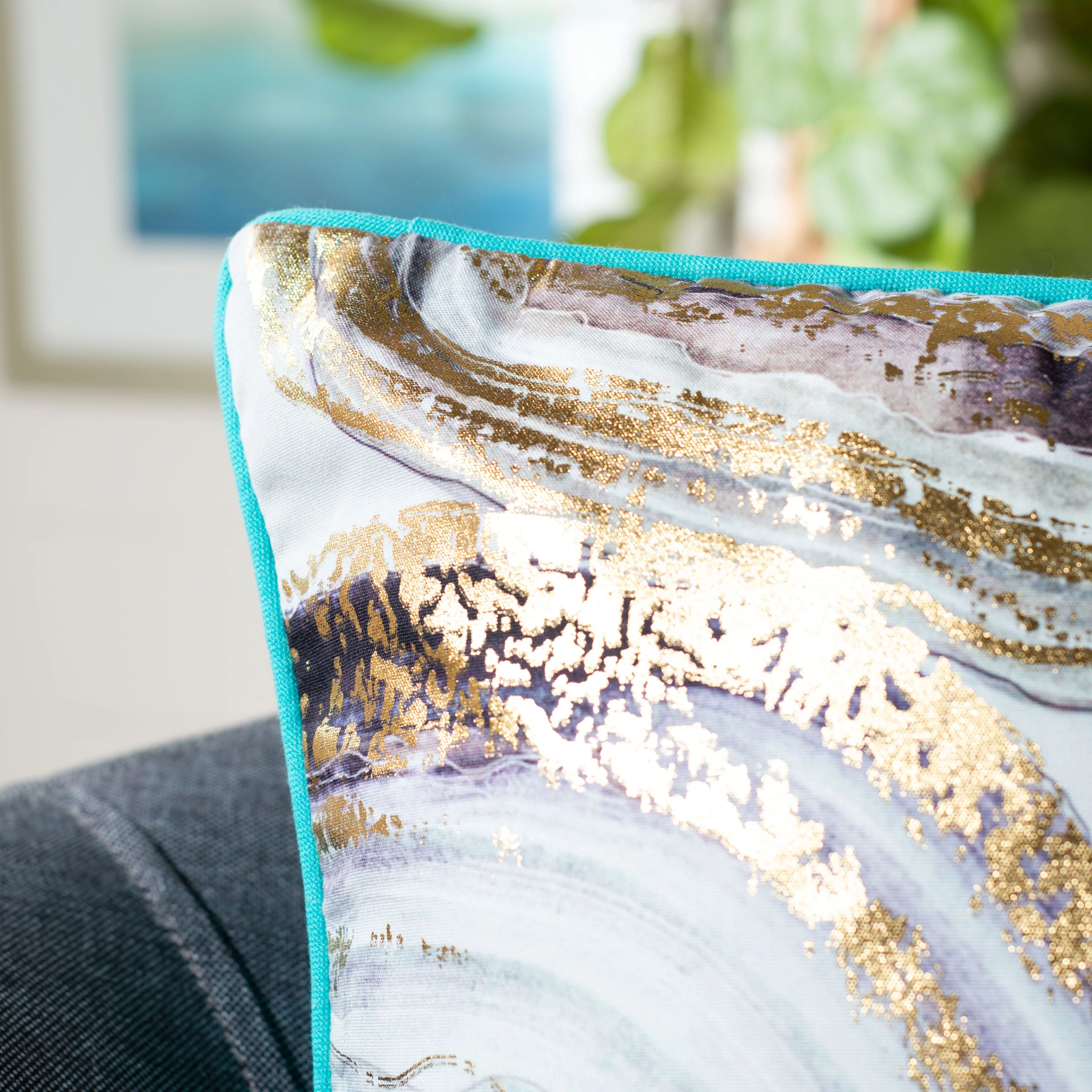 SAFAVIEH Savelina Abstract Tropical Blue/ Gold 18-inch Throw Pillow