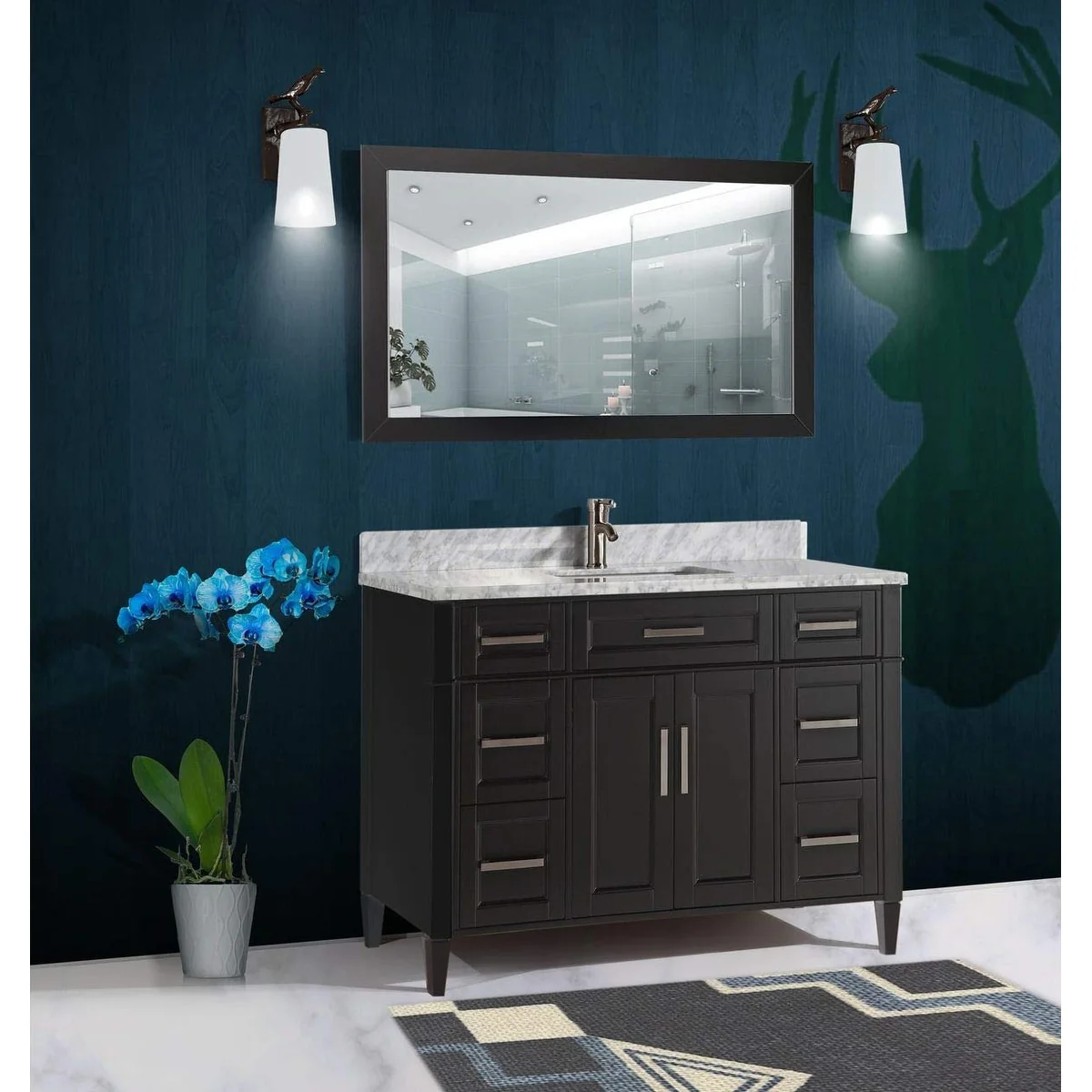 Vanity Art 60-Inch Single Sink Bathroom Vanity Set Carrara Marble Stone Top 7 Drawers 1 Shelf Undermount Sink with Free Mirror