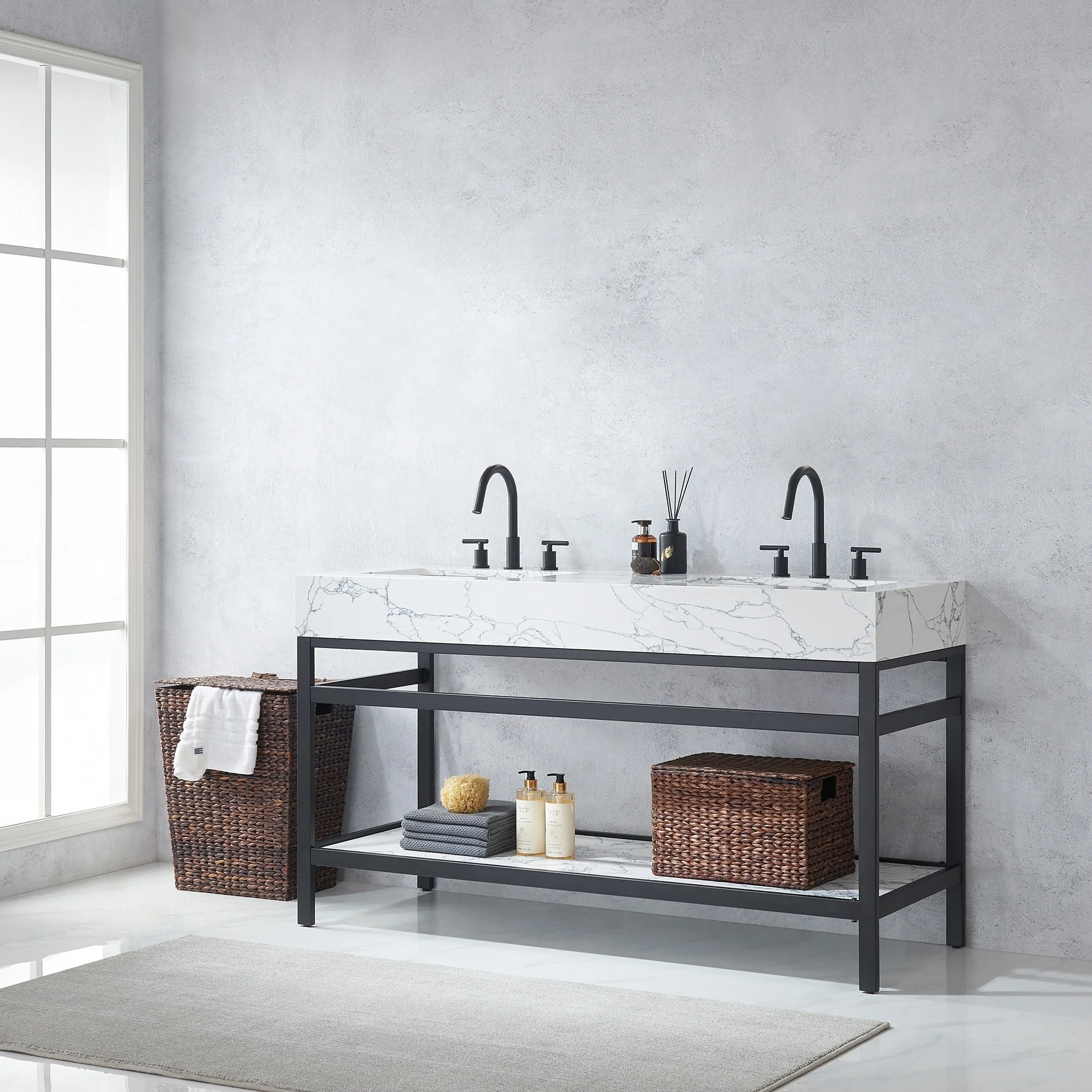 Ecija Bath Vanity, Metal Support with Composite Stone Top, no Mirror