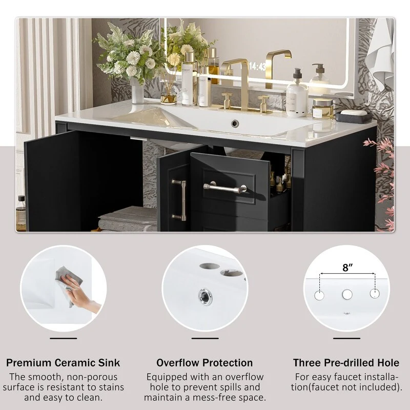 36-Inch Classic Bath Vanity Set – Ceramic Vessel Sink, Blue Two-Door Cabinet with Soft-Close Hinges & Four Storage Drawers