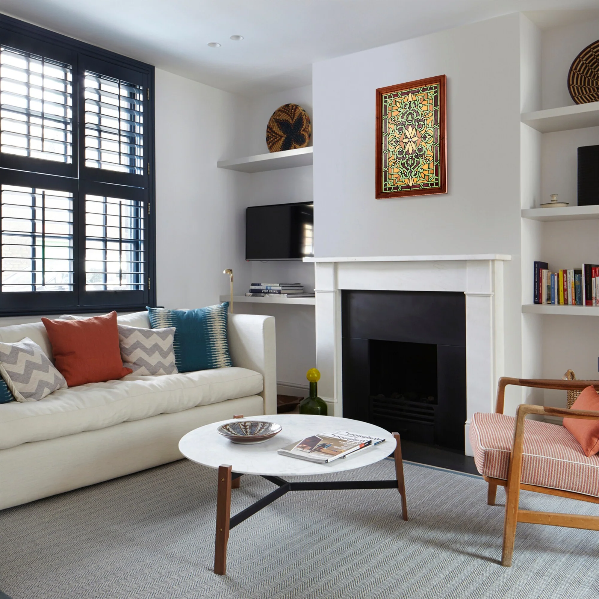 Tiffany-style Wood Frame Stained Glass Window Panel