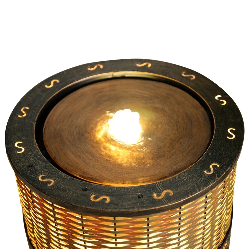 Indoor 16.9in H Round Rattan Water Fountain w/LED Light for Home Decor