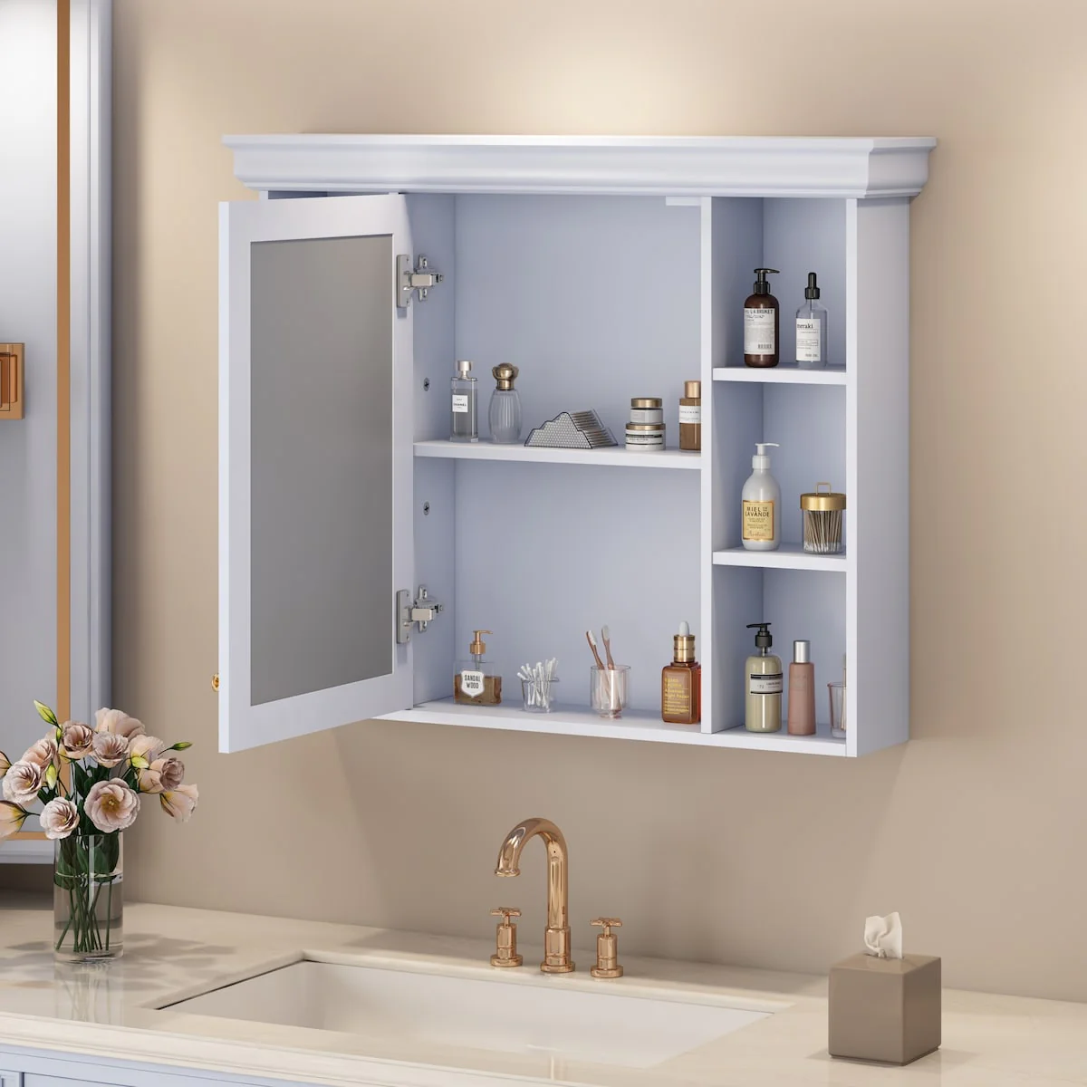 Modern Wall Mounted Bathroom Medicine Cabinet with Mirror Door & 6 Open Shelves