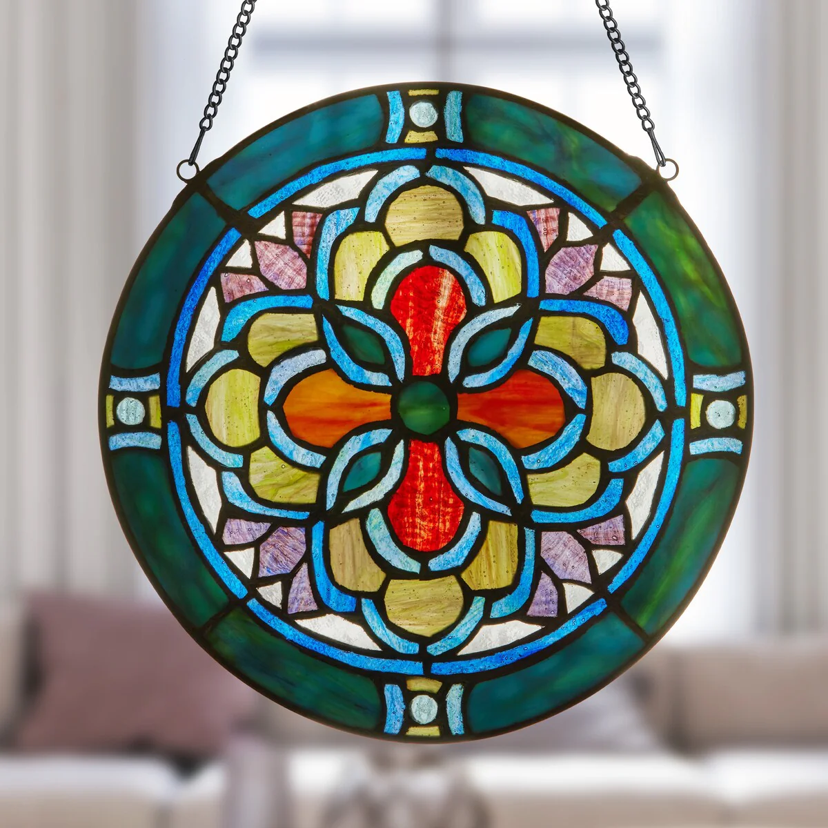Geometric River of Goods Teal and Yellow Tiffany-Style Stained Glass Round Window Panel - 12