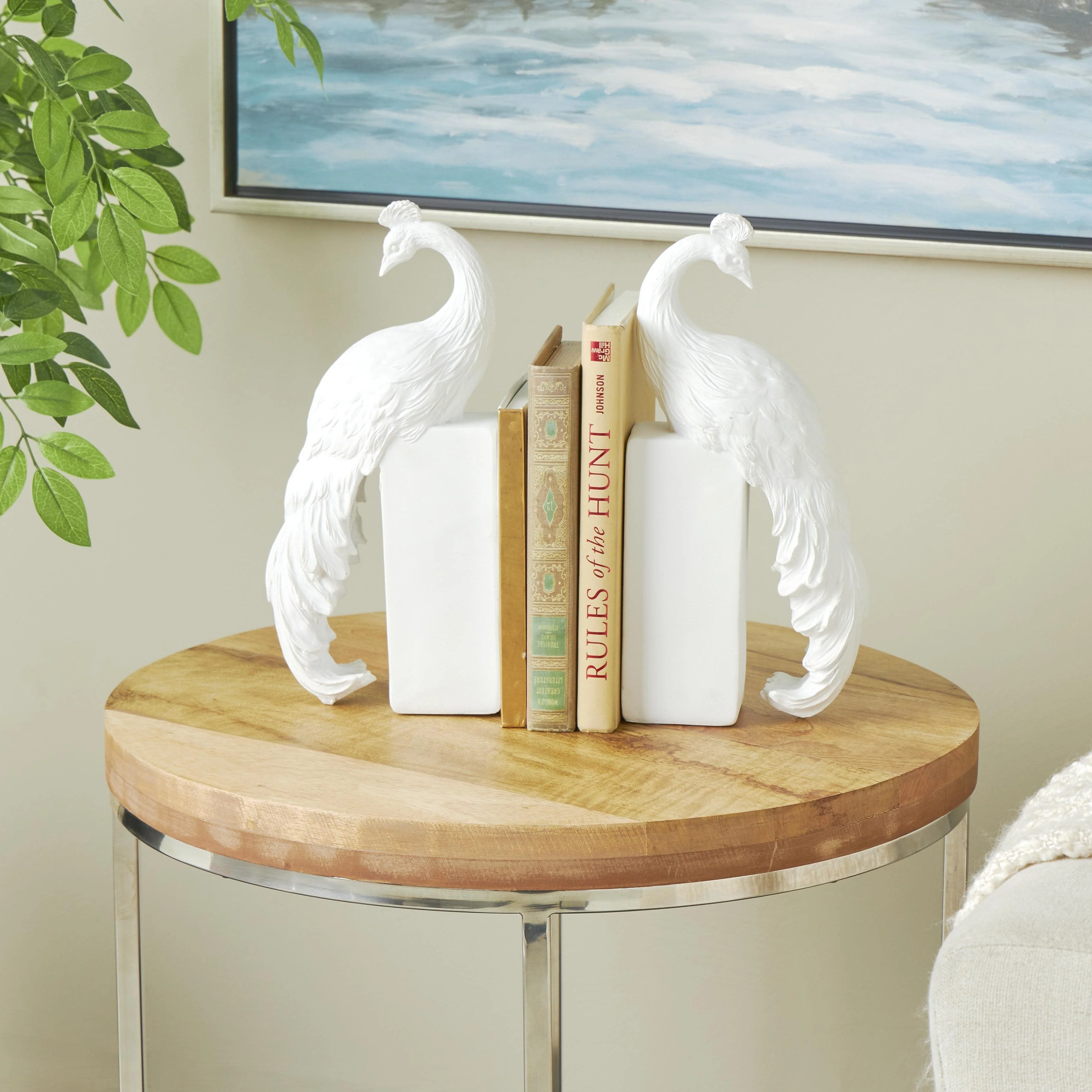 Resin Peacock Textured Decorative Bookends with Tall Block Bases - Set of 2 White - Roche River Decor