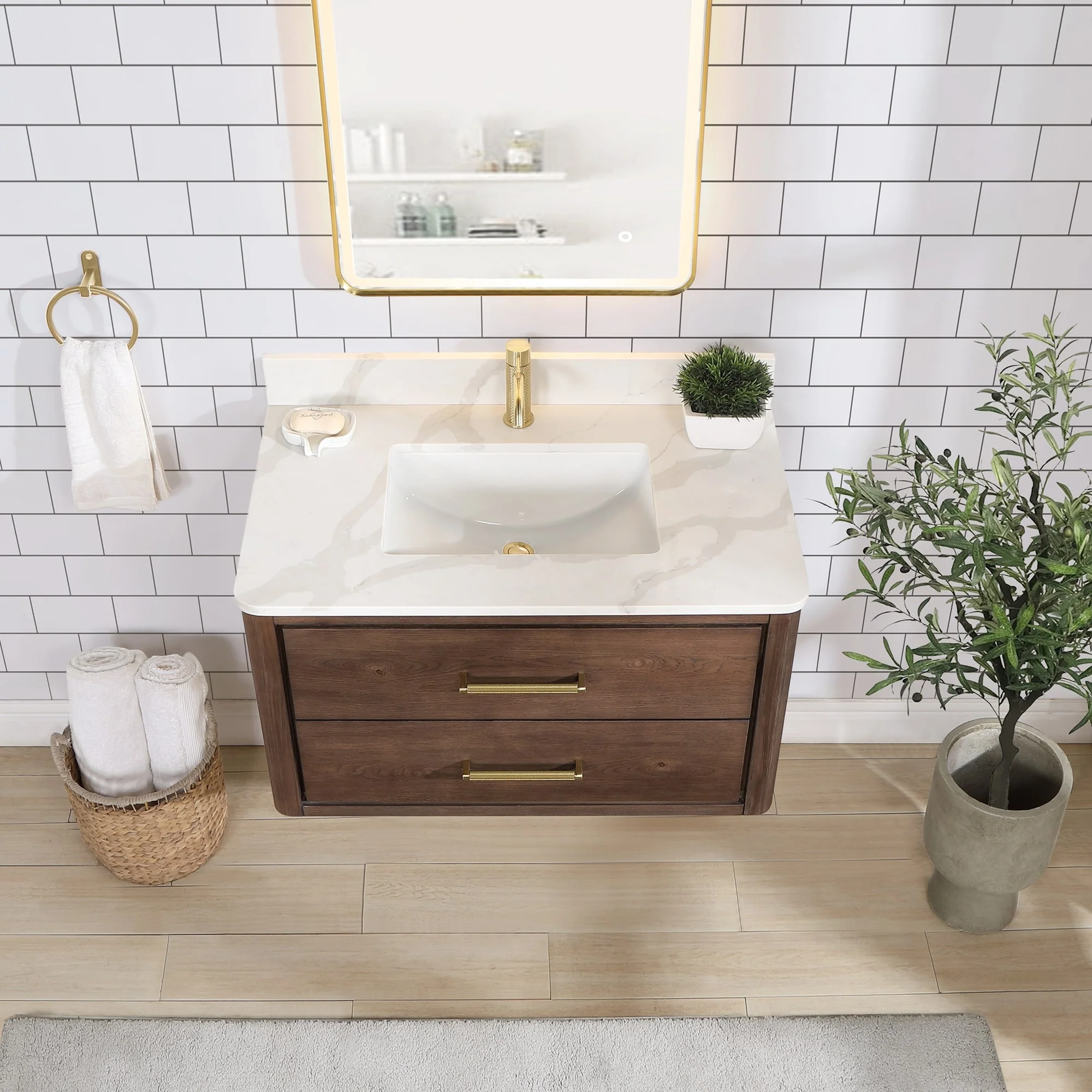 Cristo Floating Bath Vanity with White Quartz Stone Top and Mirror